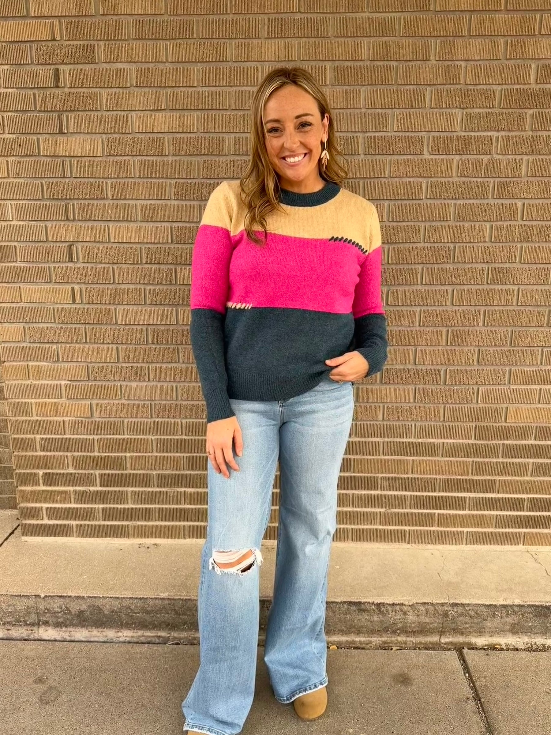 Pink and Navy Colorblock Sweater