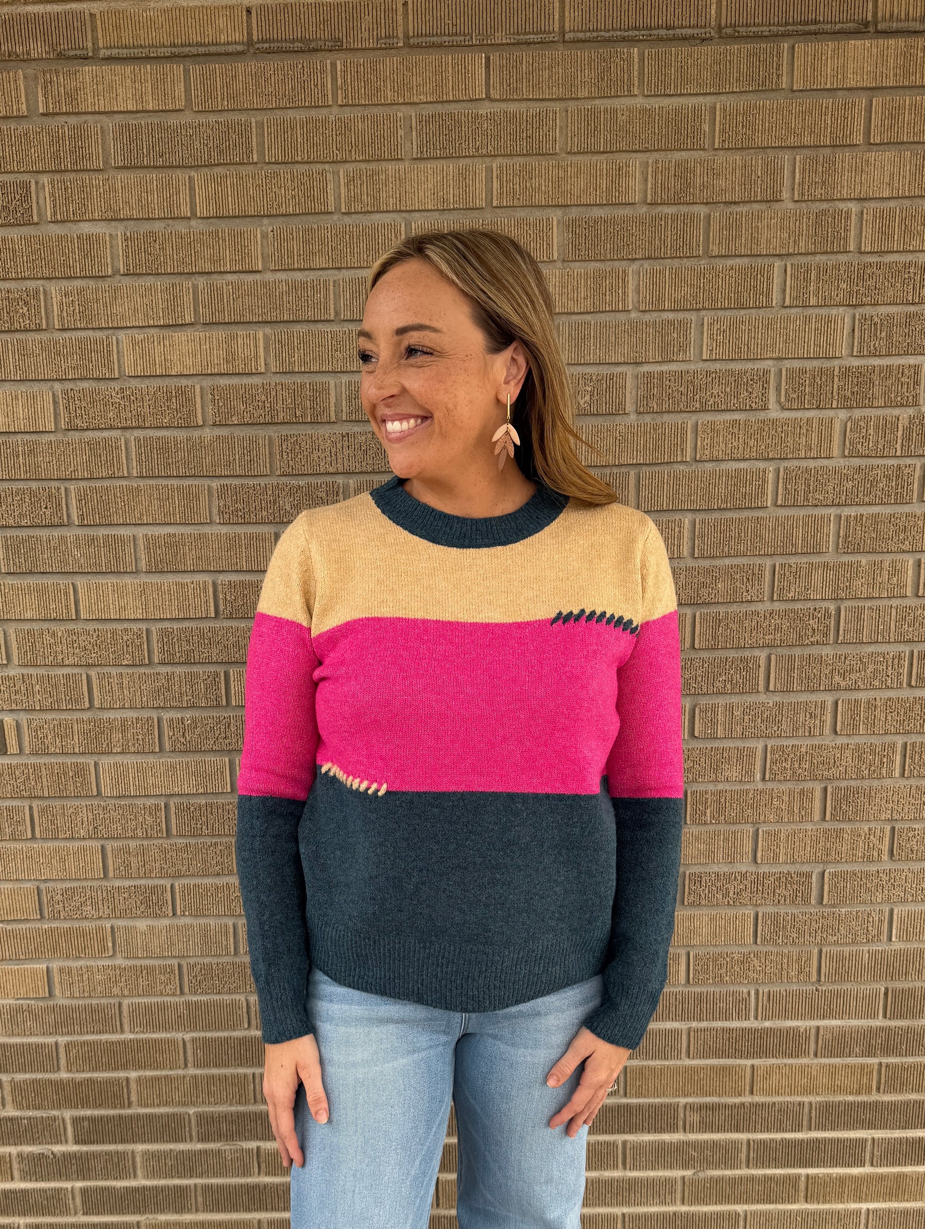 Pink and Navy Colorblock Sweater