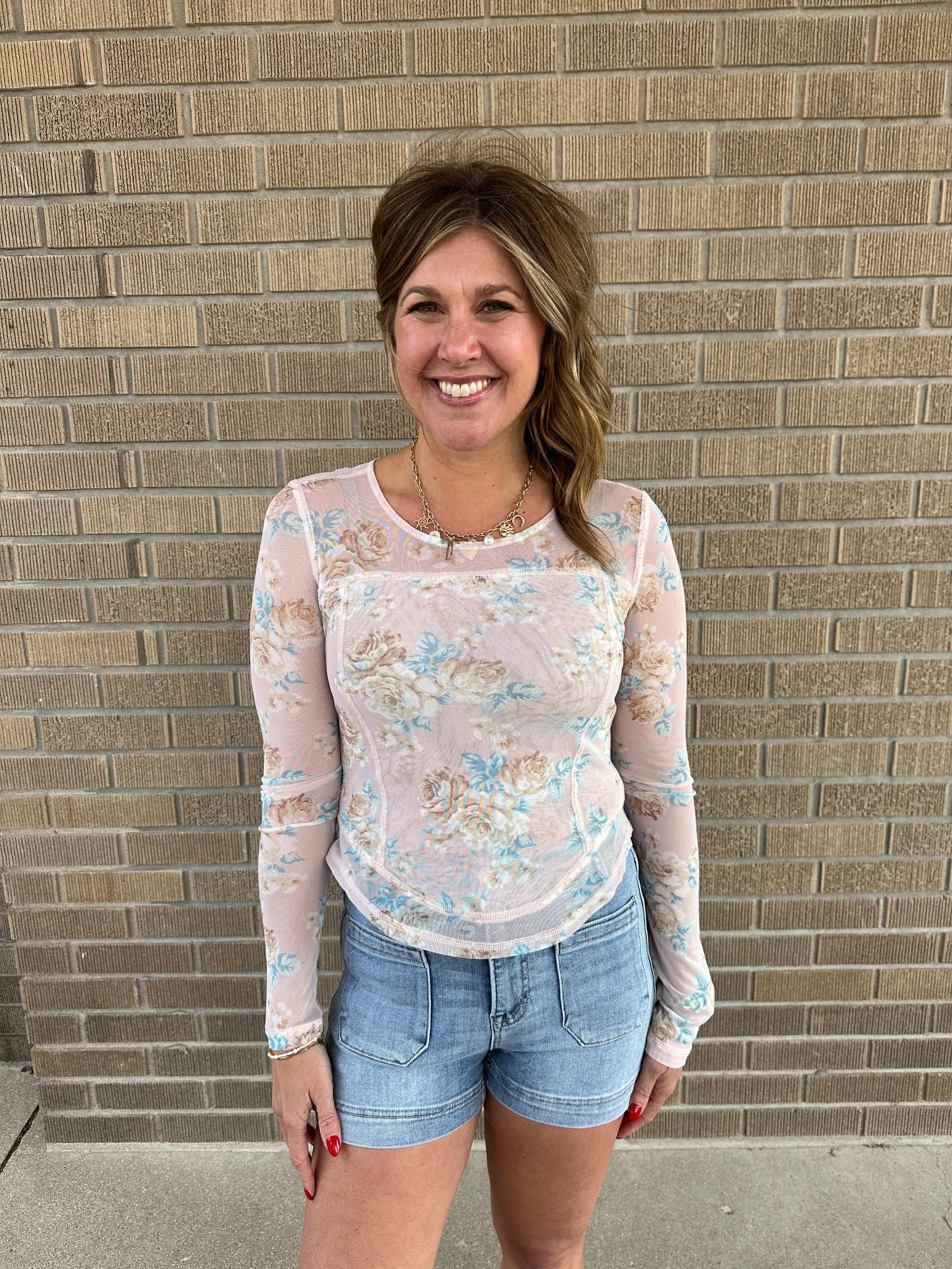 Blush Floral Mesh Long Sleeve Top