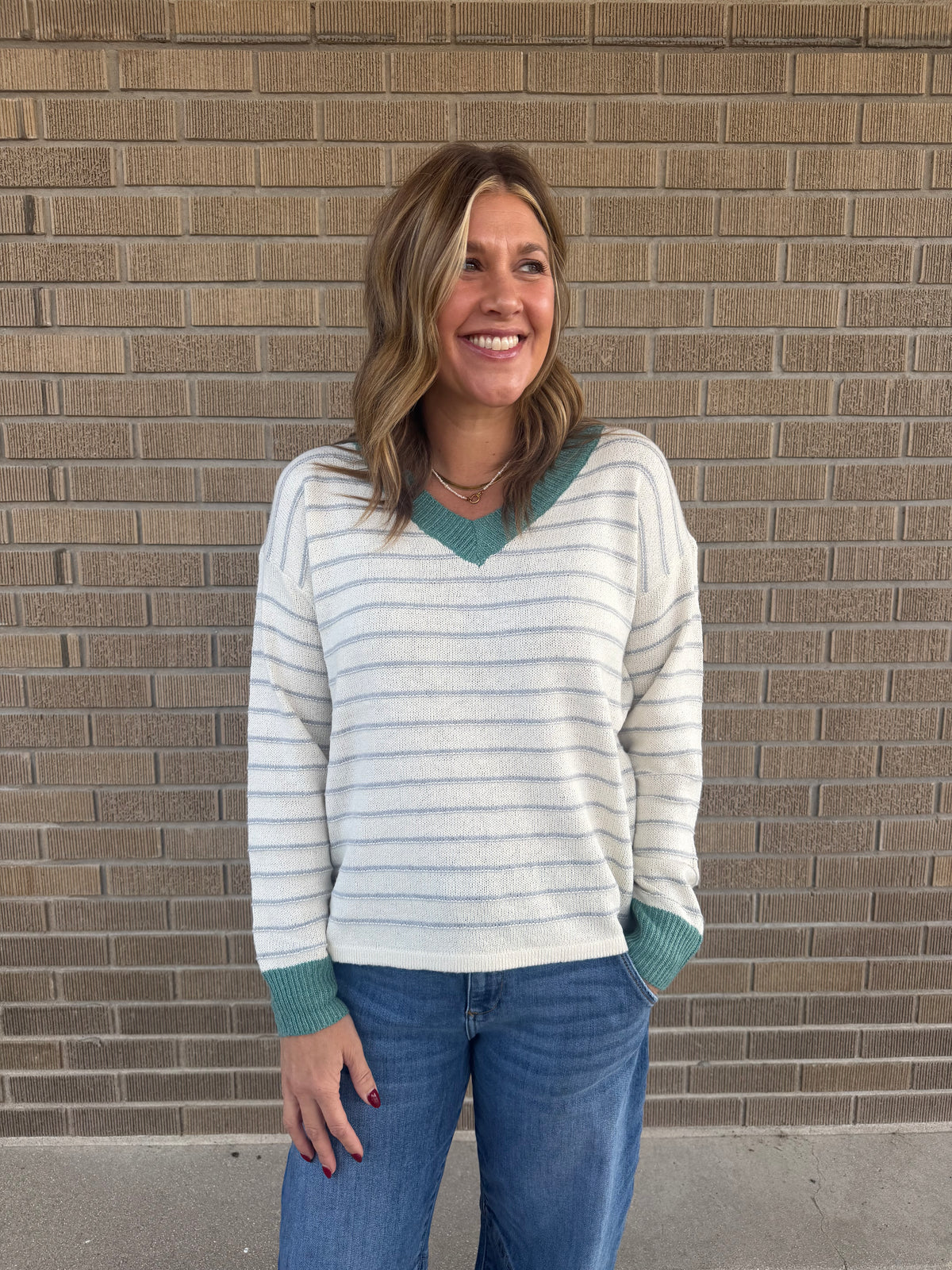 Sage V-Neck Stripe Sweater