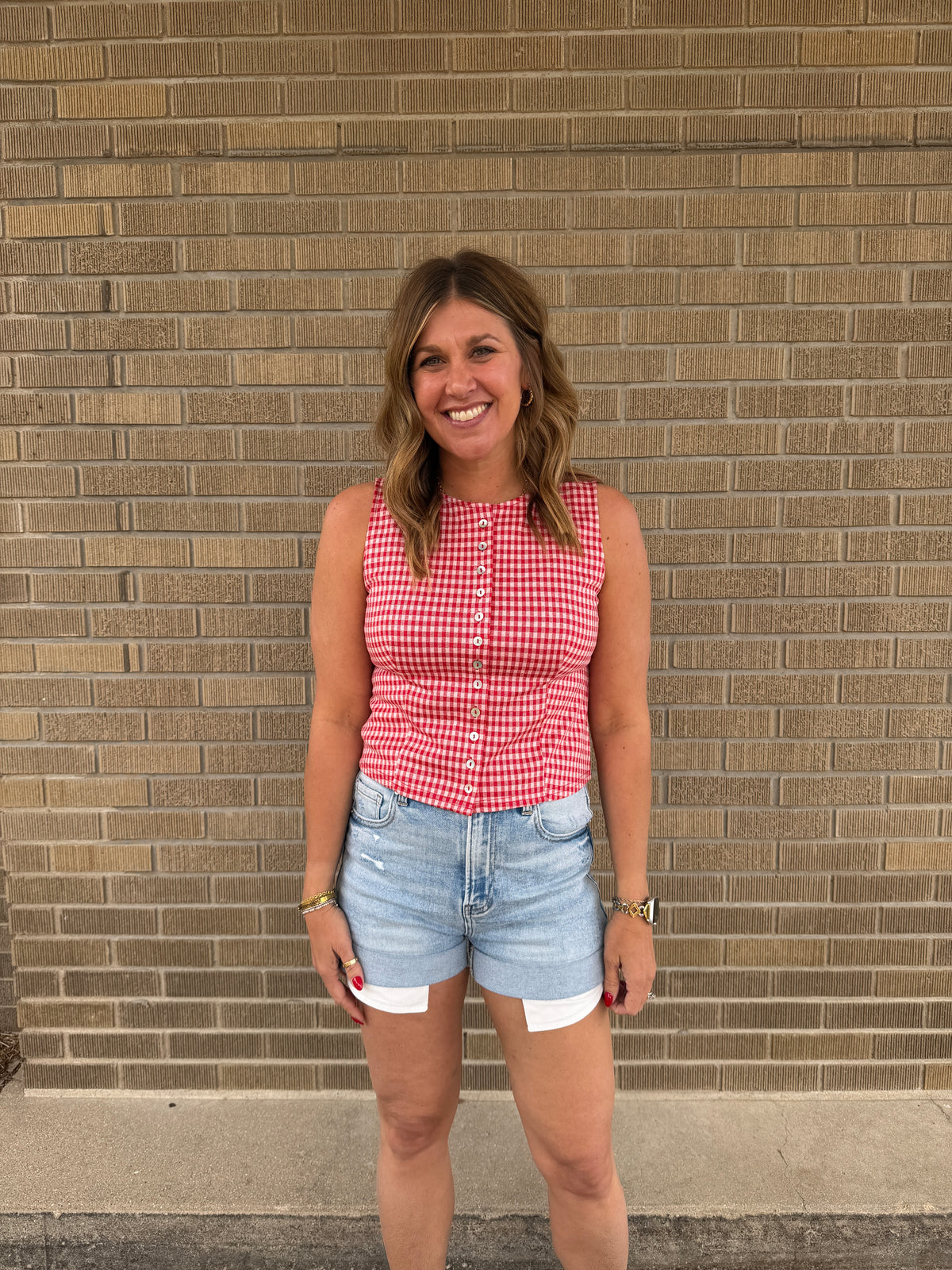 Red Gingham Button Up Tank
