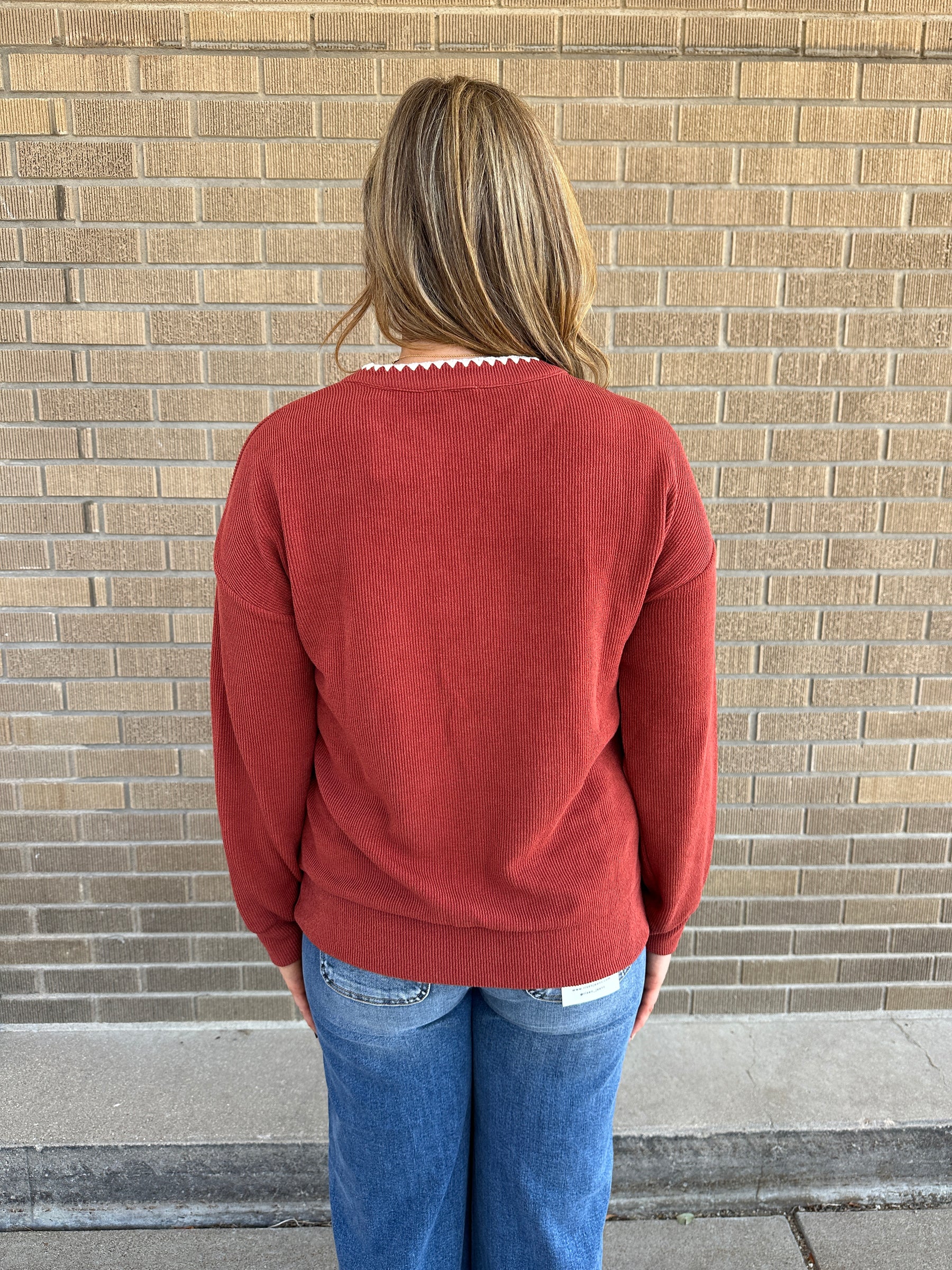 Rust Split Neck Stitched Top