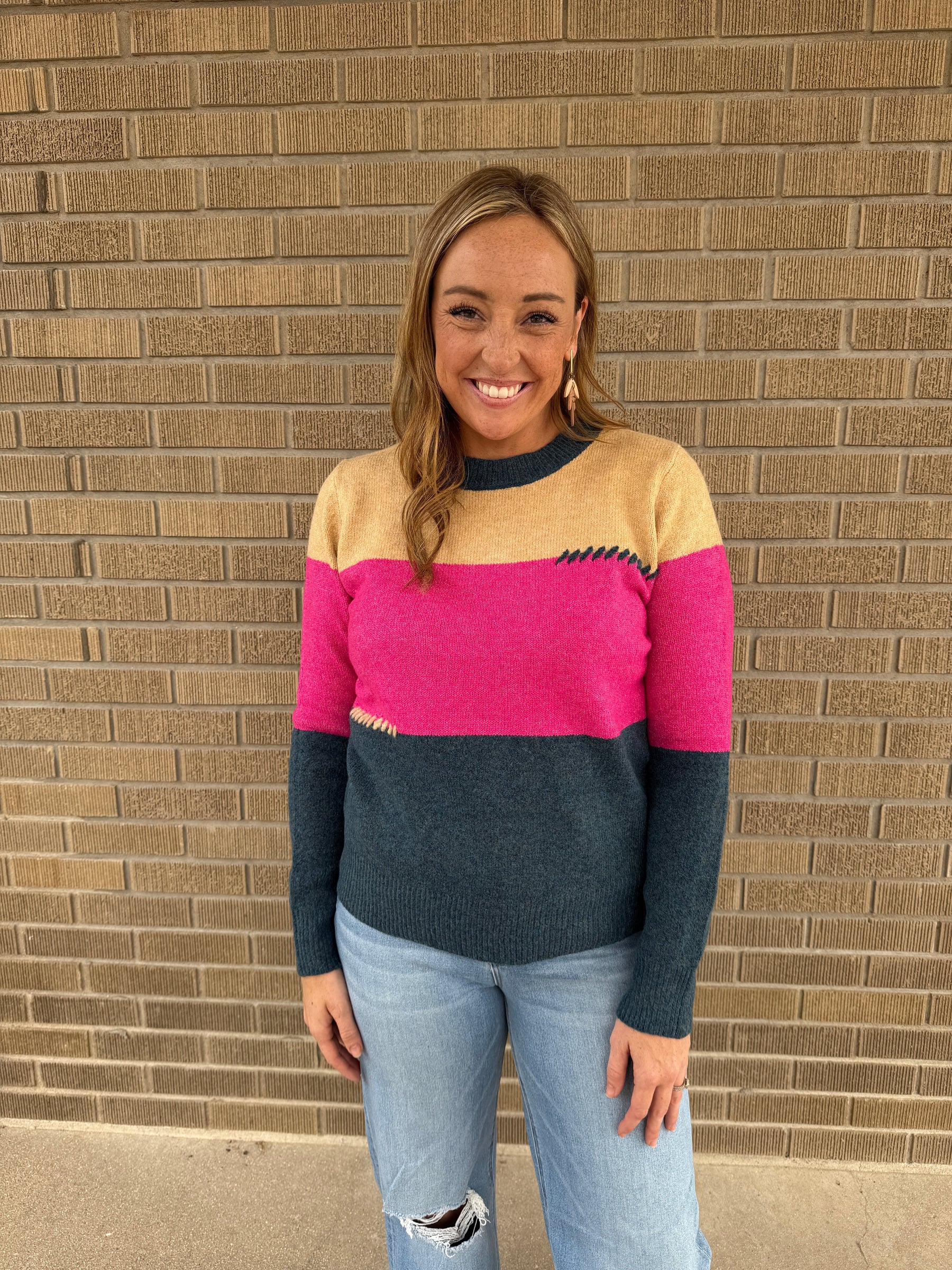 Pink and Navy Colorblock Sweater