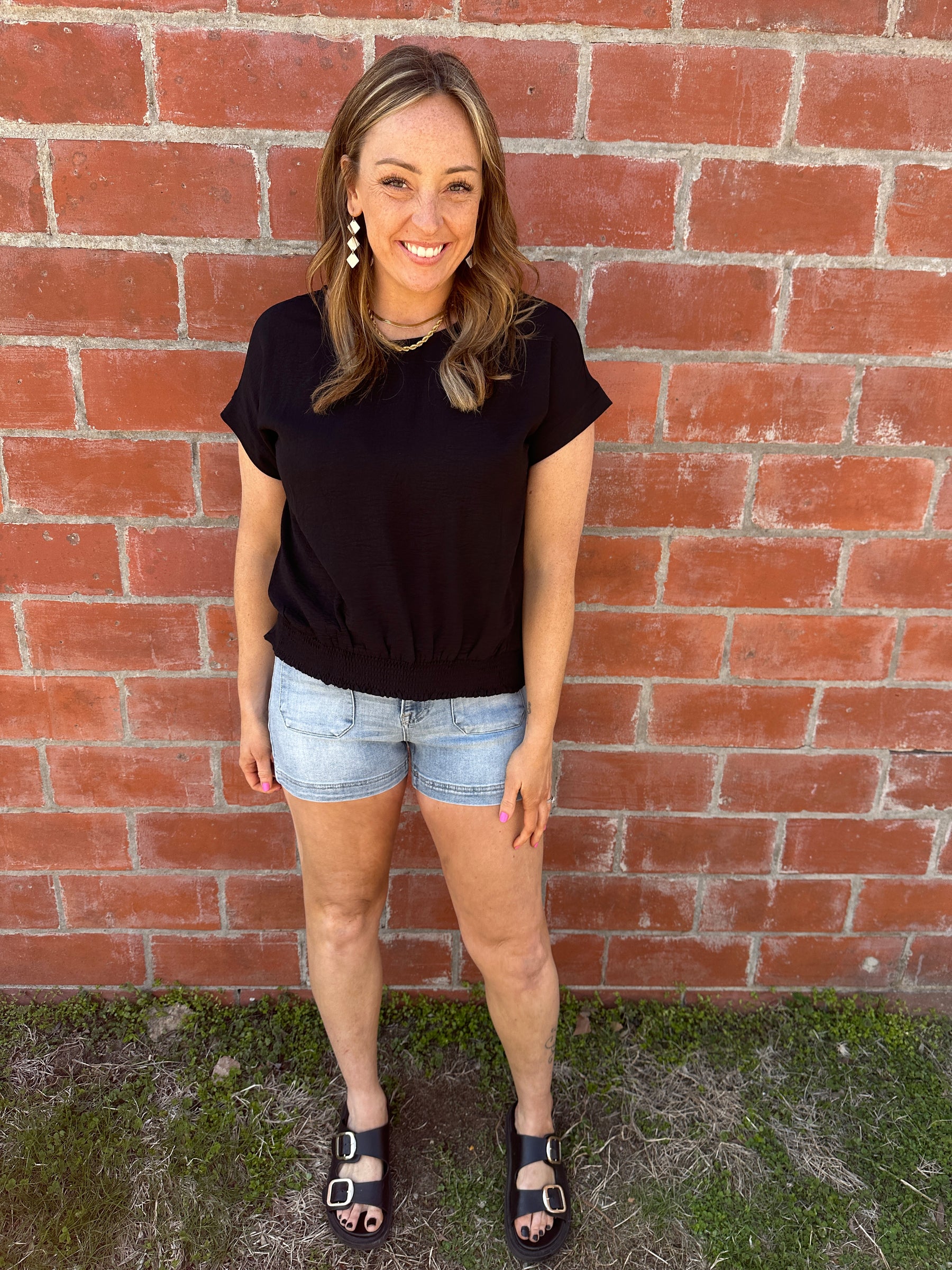 Smocked Hem Crinkle Top - Black