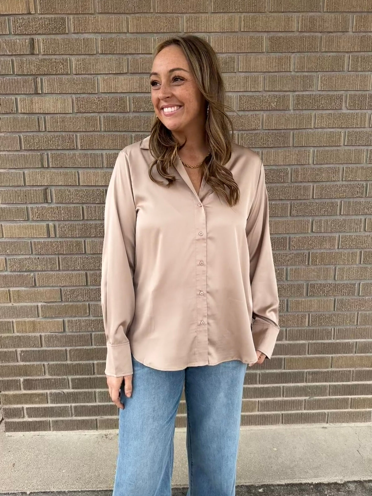 Sweet in Satin Button Up - Taupe