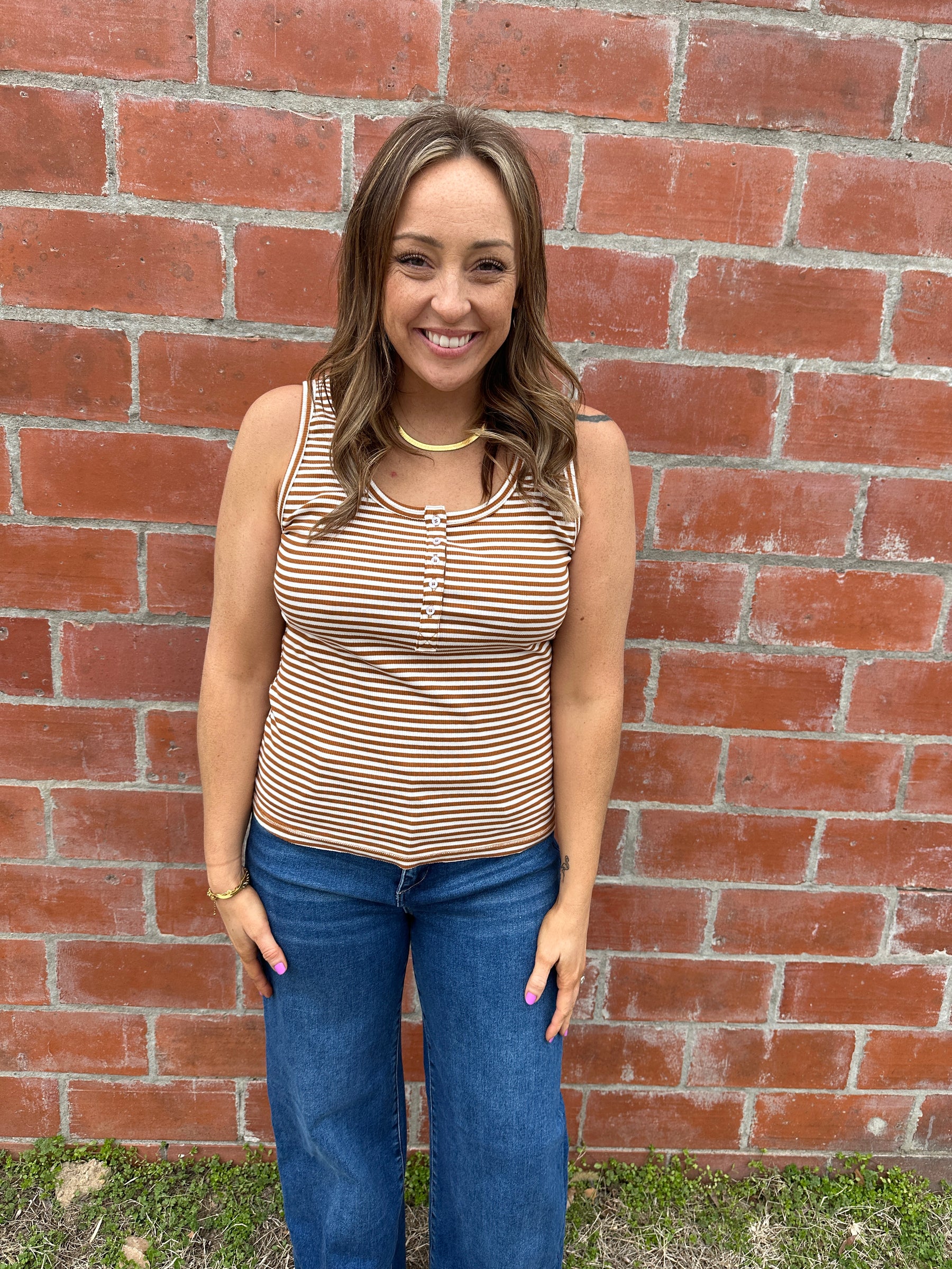 Camel and White Stripe Tank