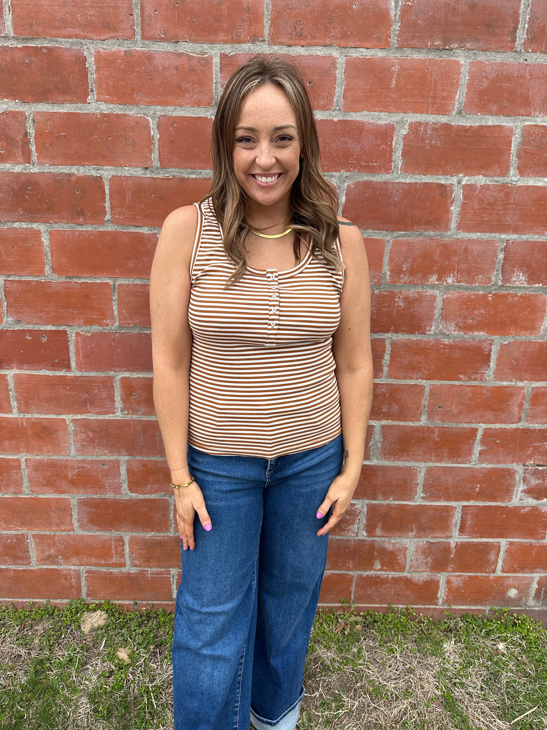 Camel and White Stripe Tank