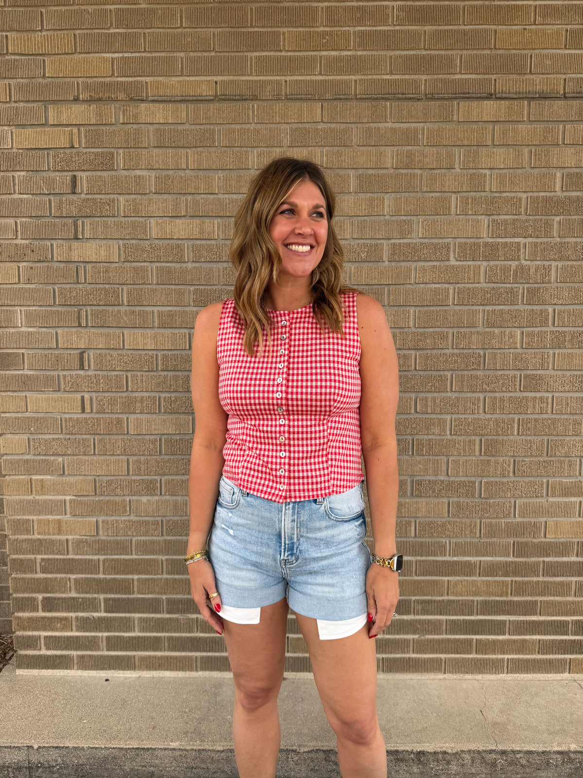 Red Gingham Button Up Tank