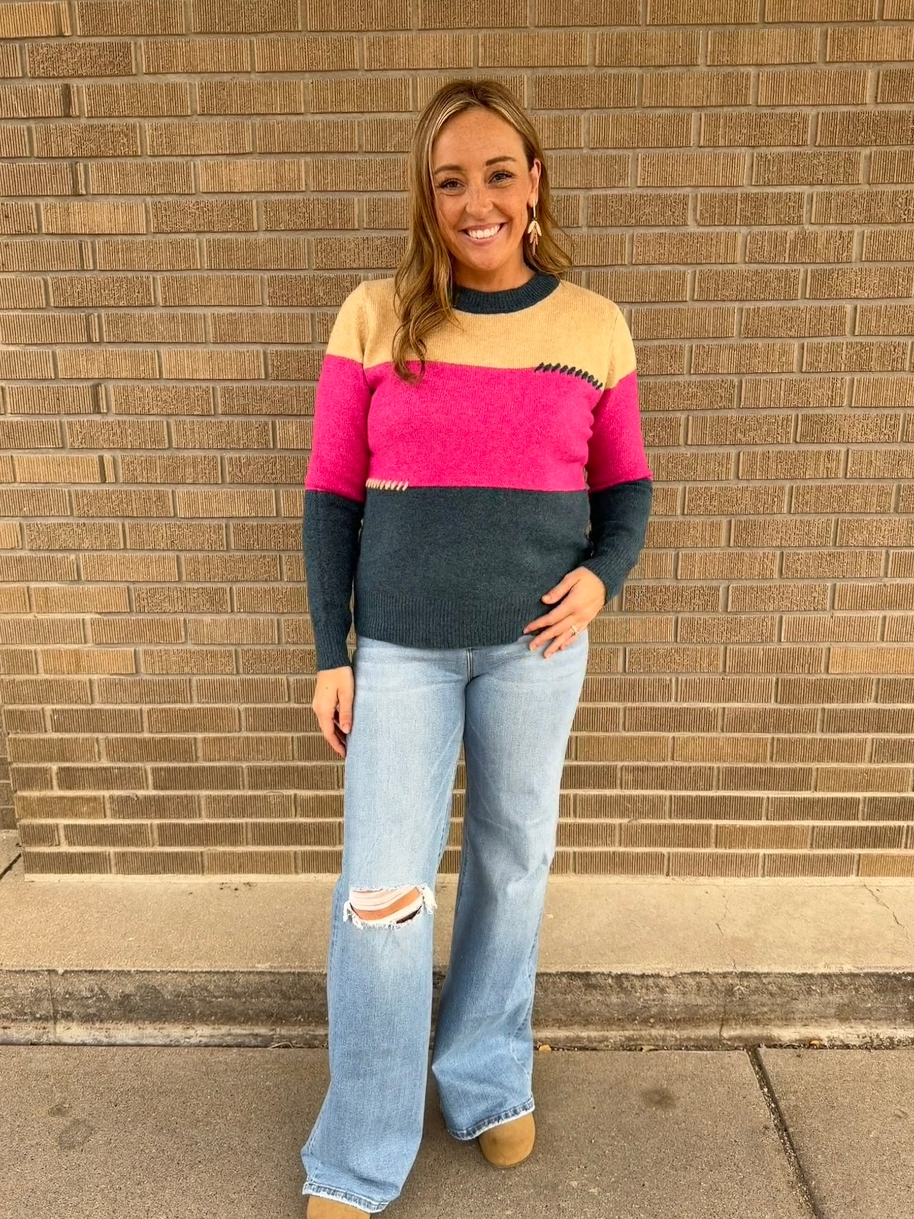Pink and Navy Colorblock Sweater