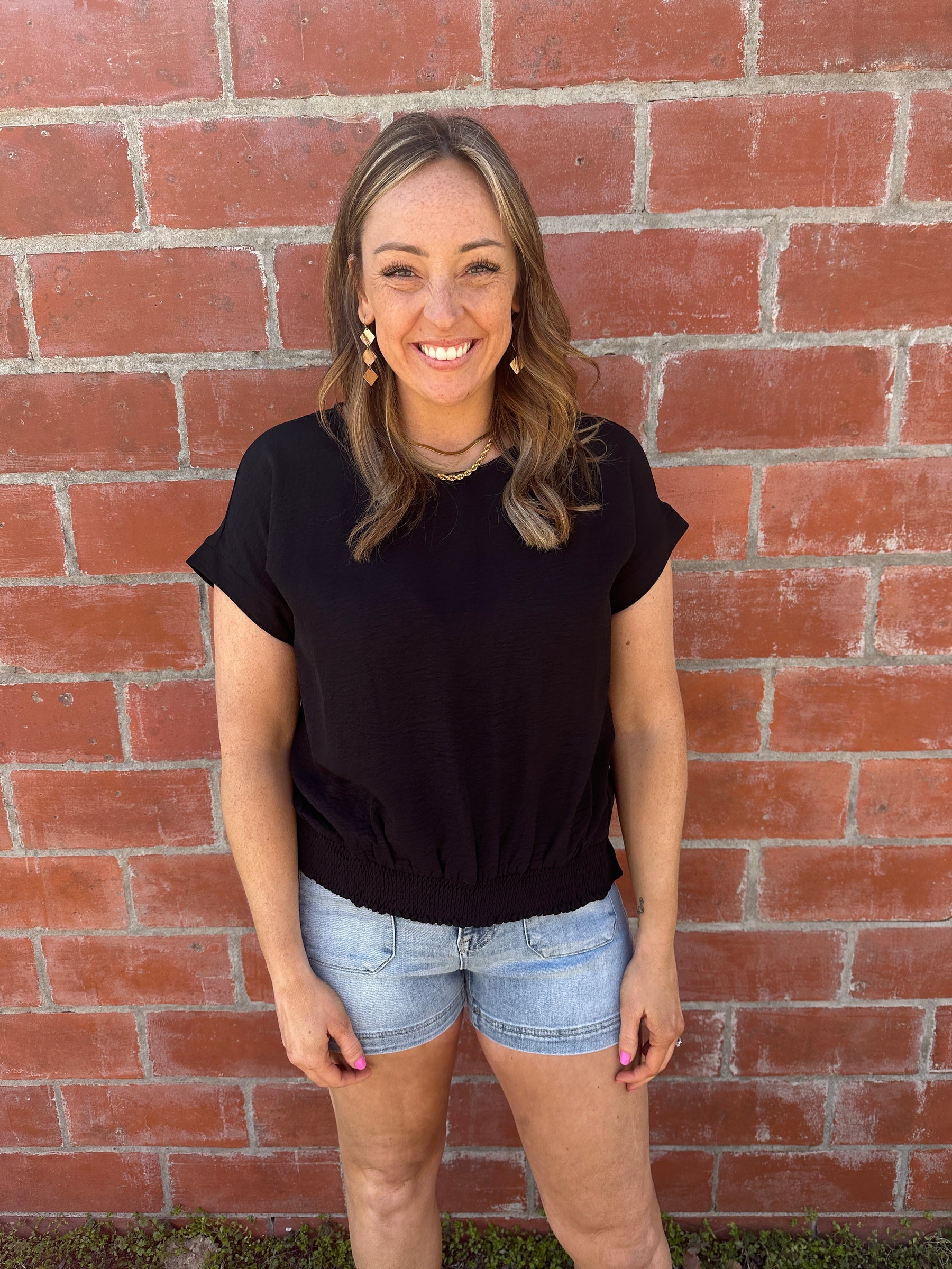Smocked Hem Crinkle Top - Black