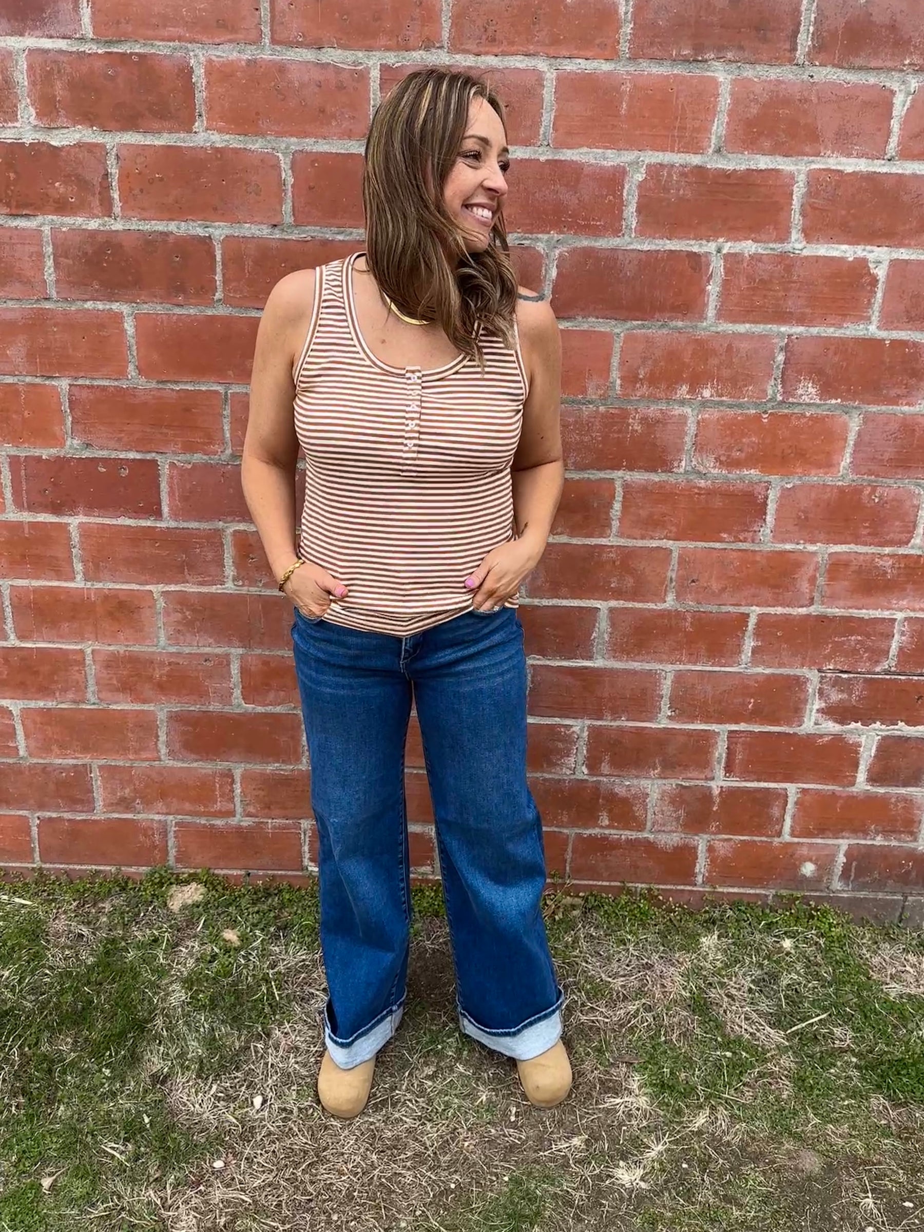 Camel and White Stripe Tank