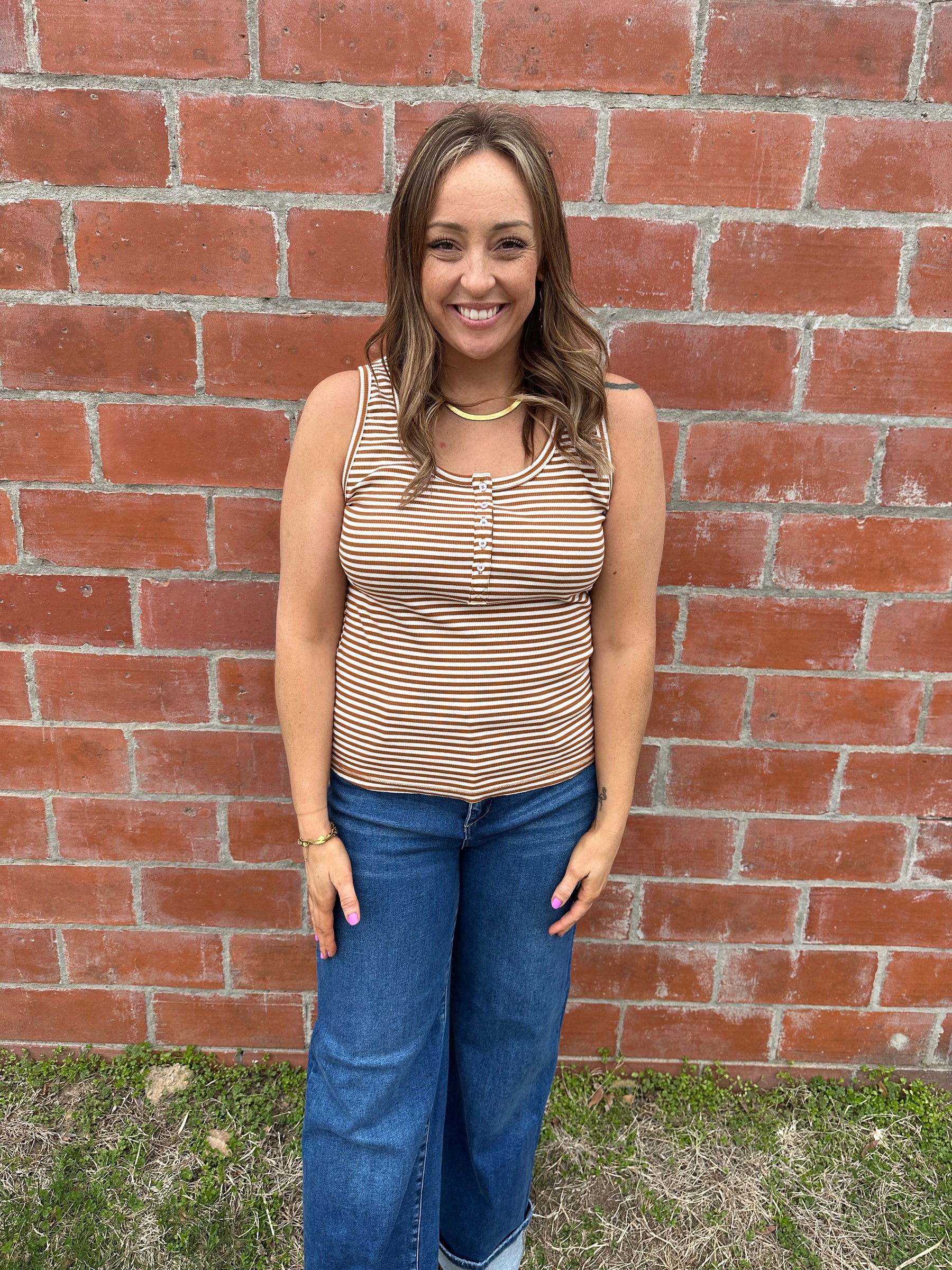 Camel and White Stripe Tank