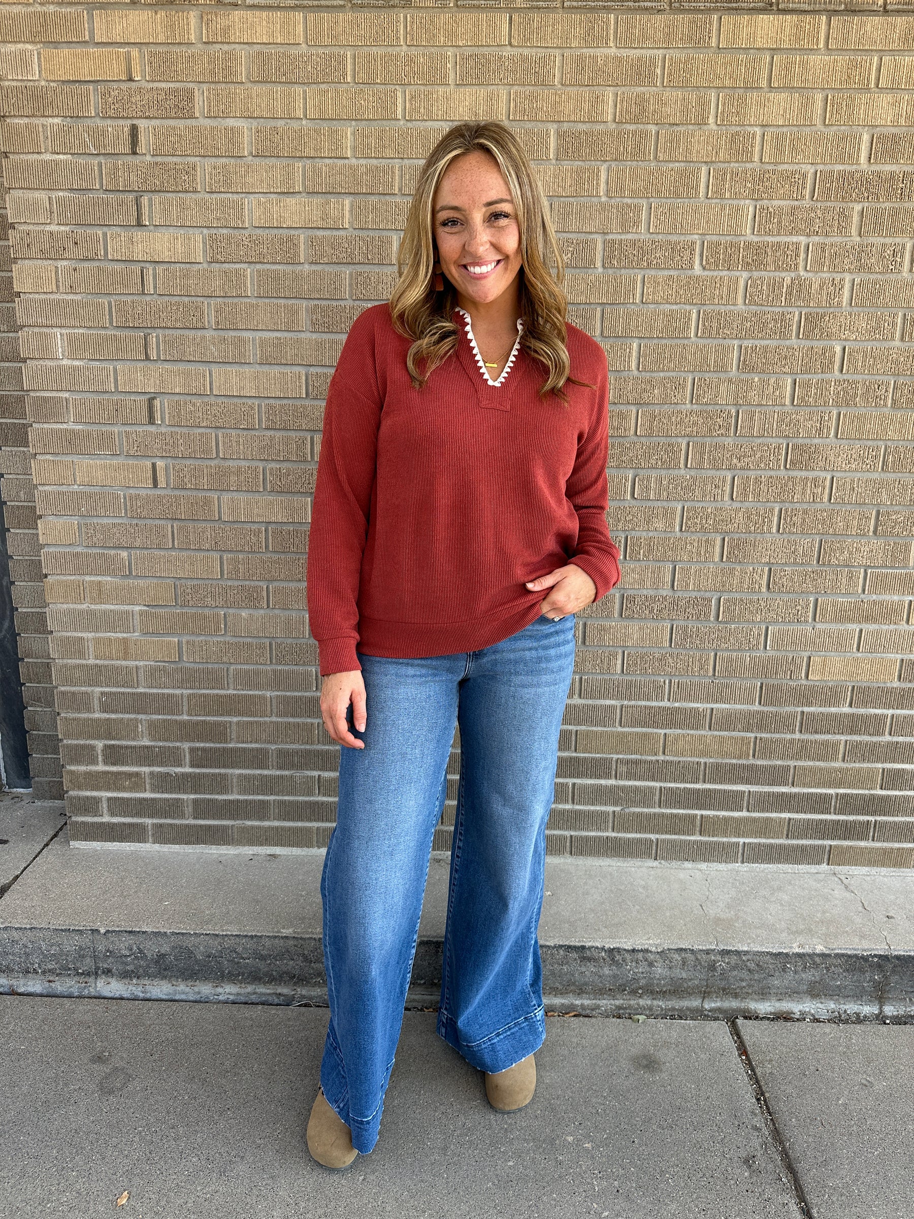 Rust Split Neck Stitched Top