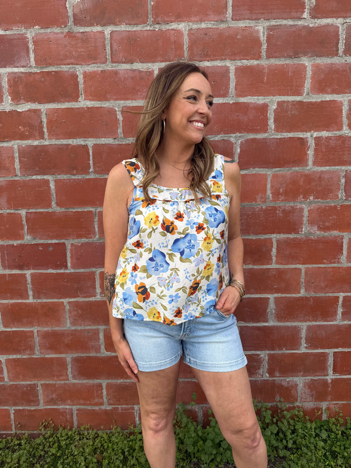 Blue Floral Square Neck Tank