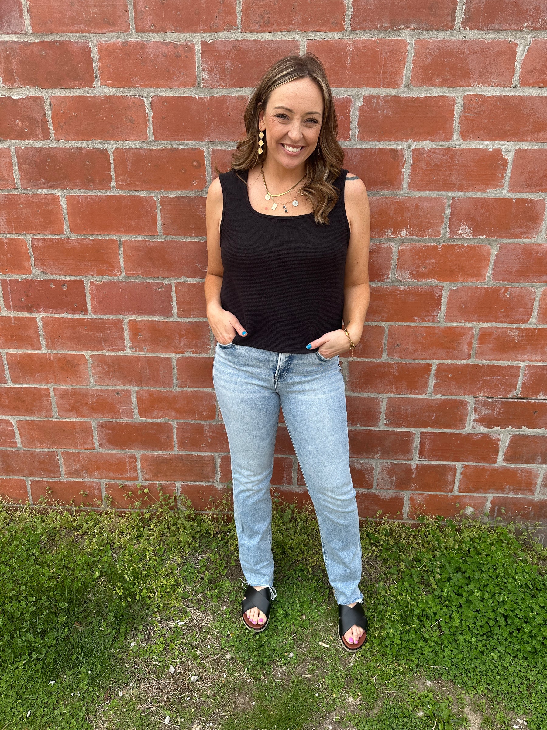 Black Square Neck Cloudy Knit Tank