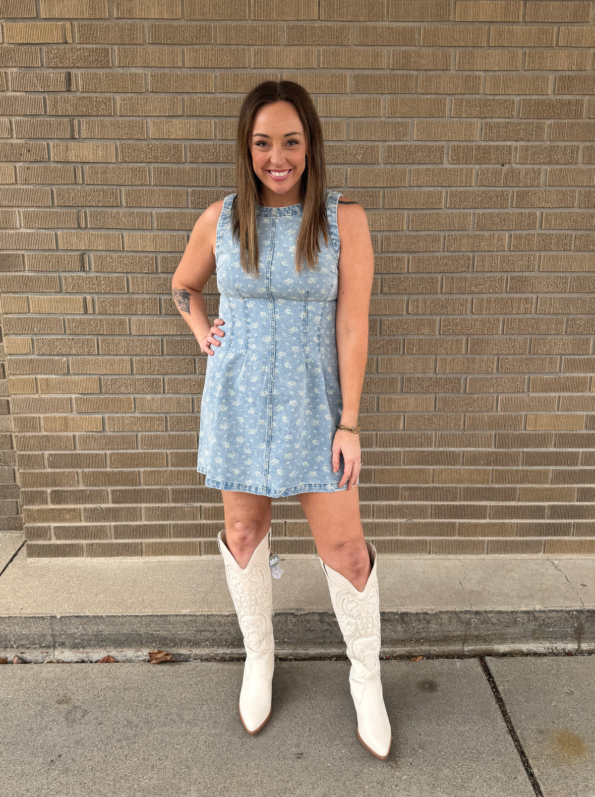 Sleeveless Floral Print Denim Dress