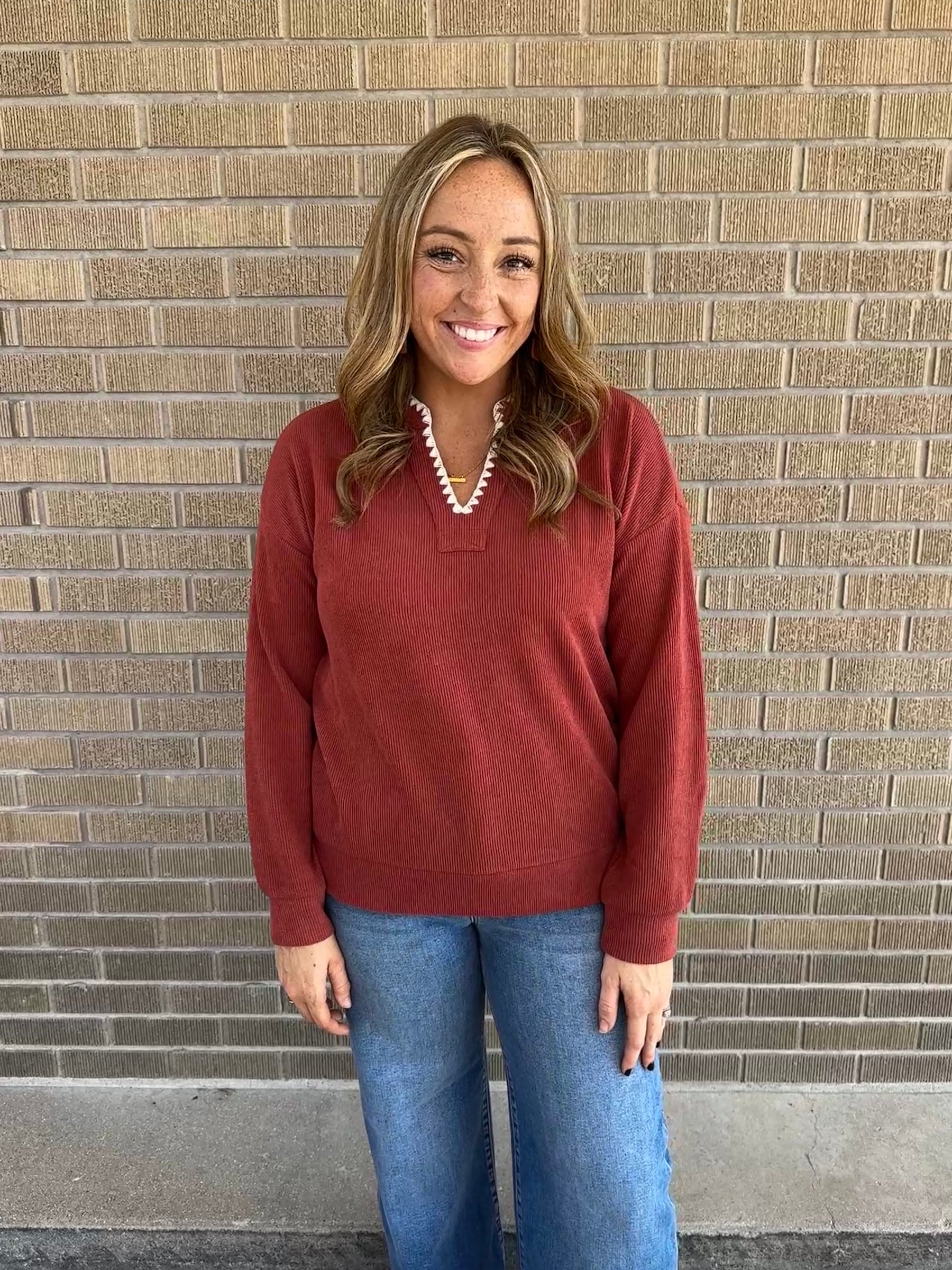 Rust Split Neck Stitched Top