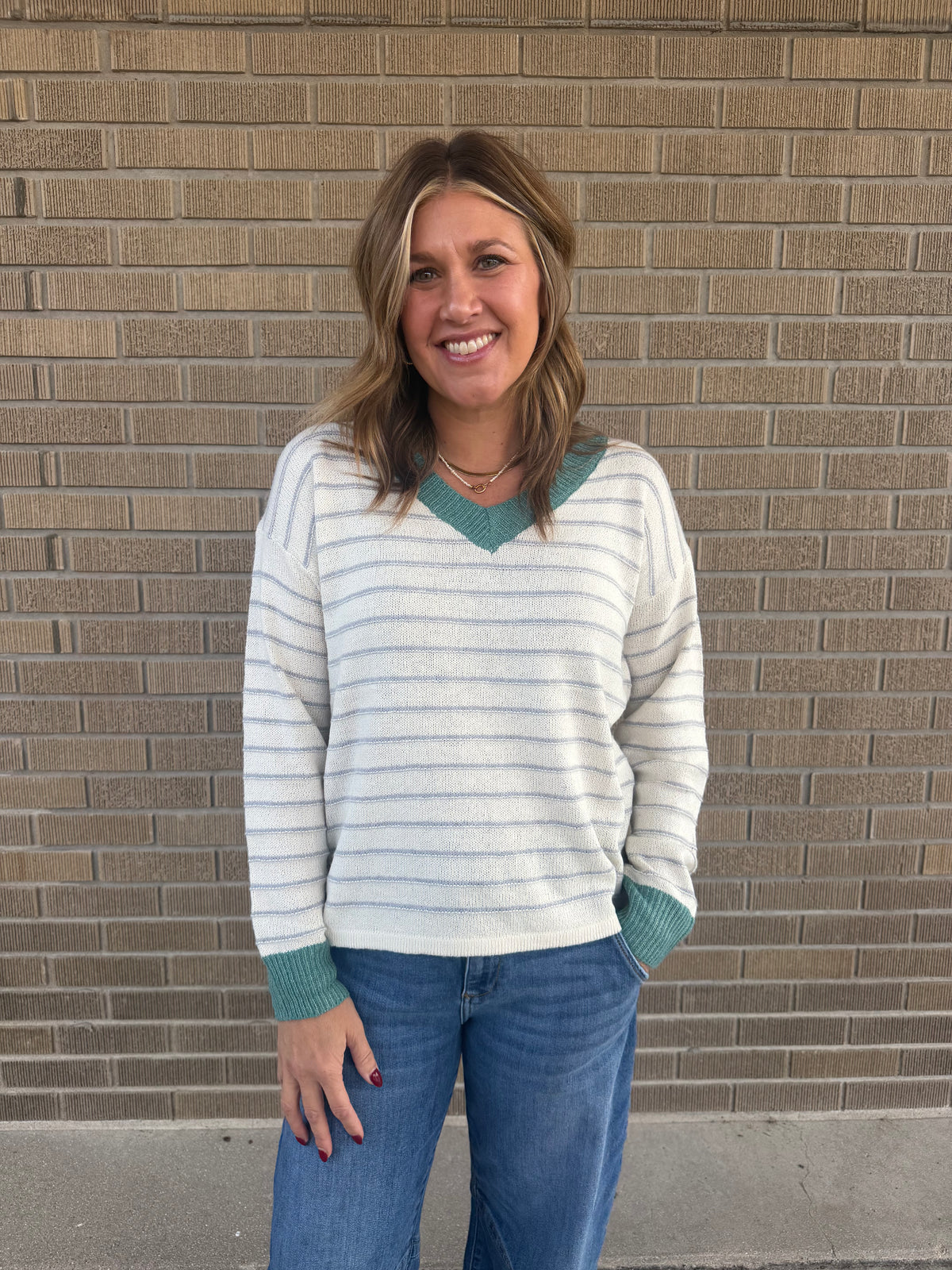 Sage V-Neck Stripe Sweater