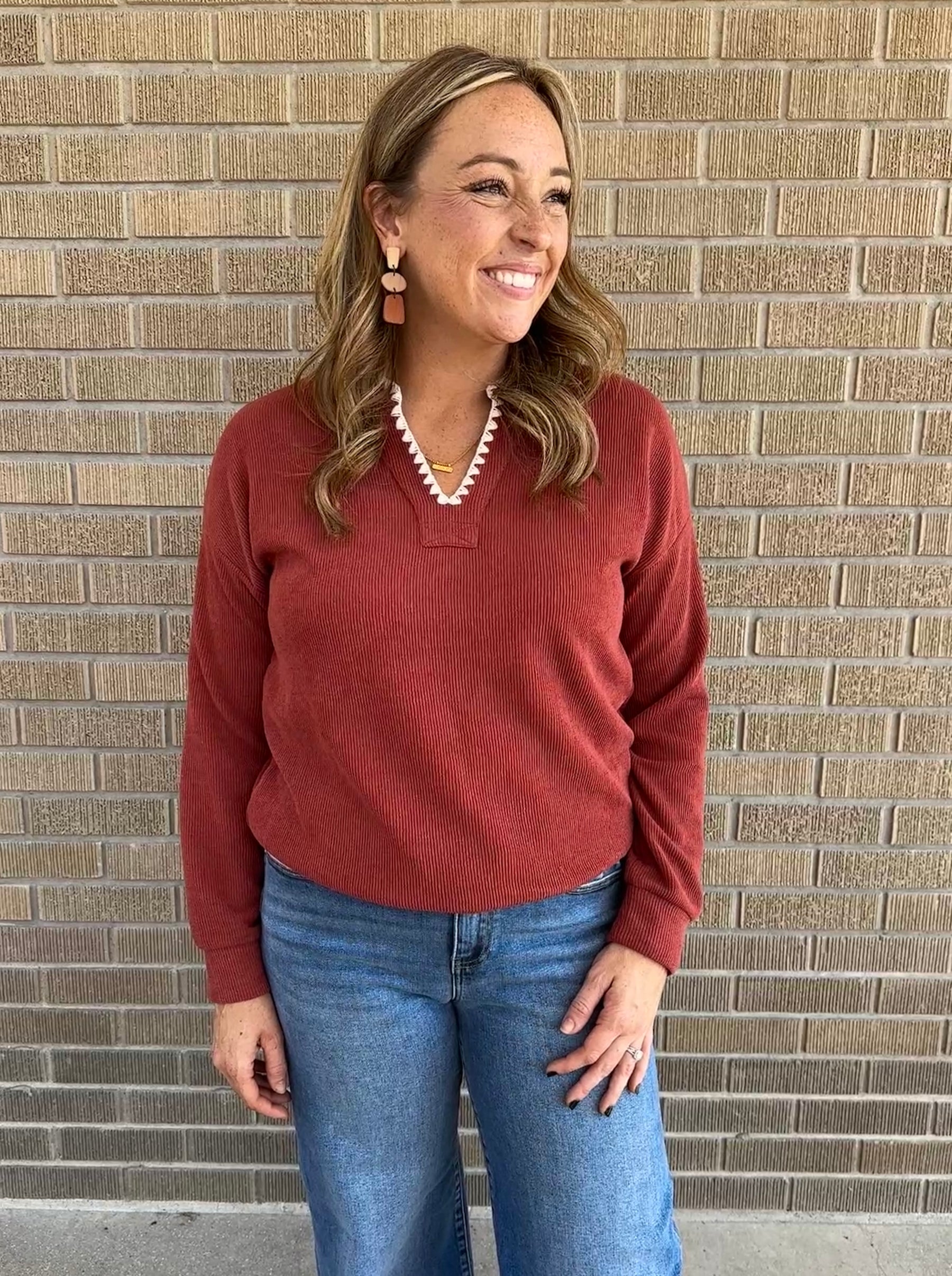 Rust Split Neck Stitched Top