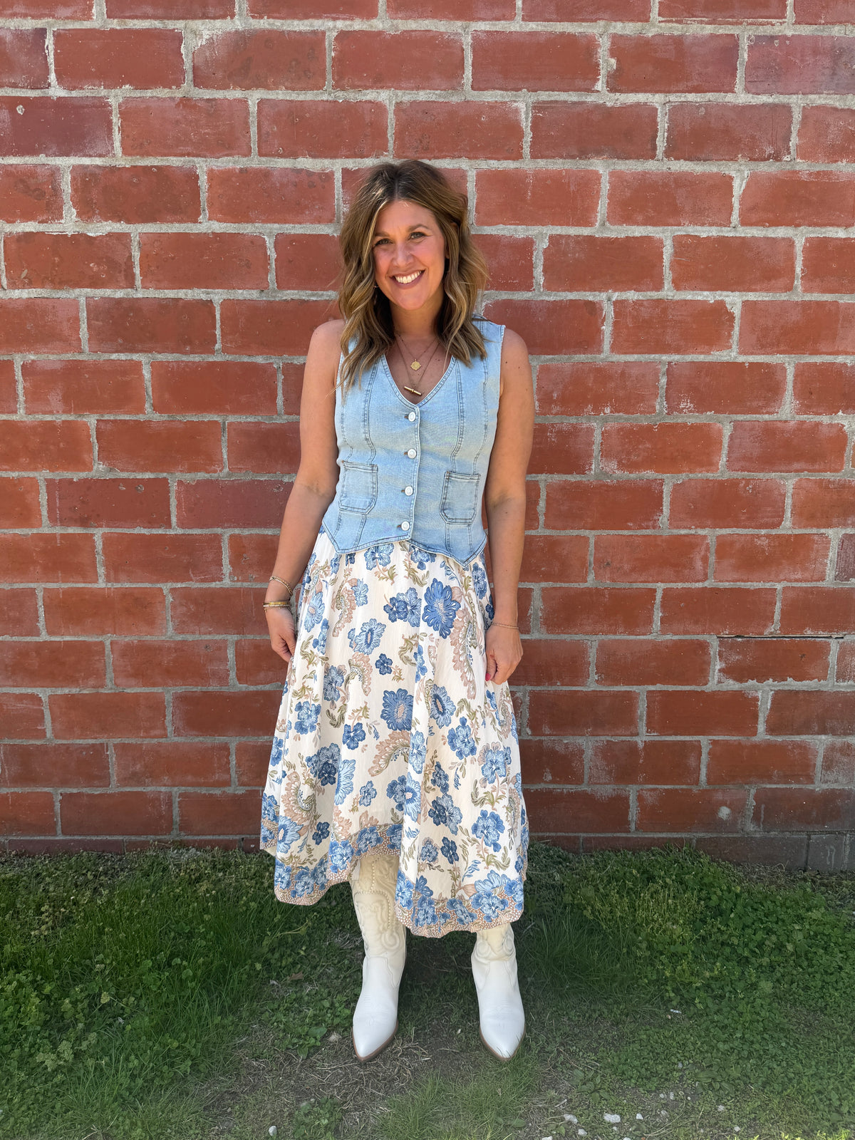 Boho Babe Blue Floral Midi Skirt