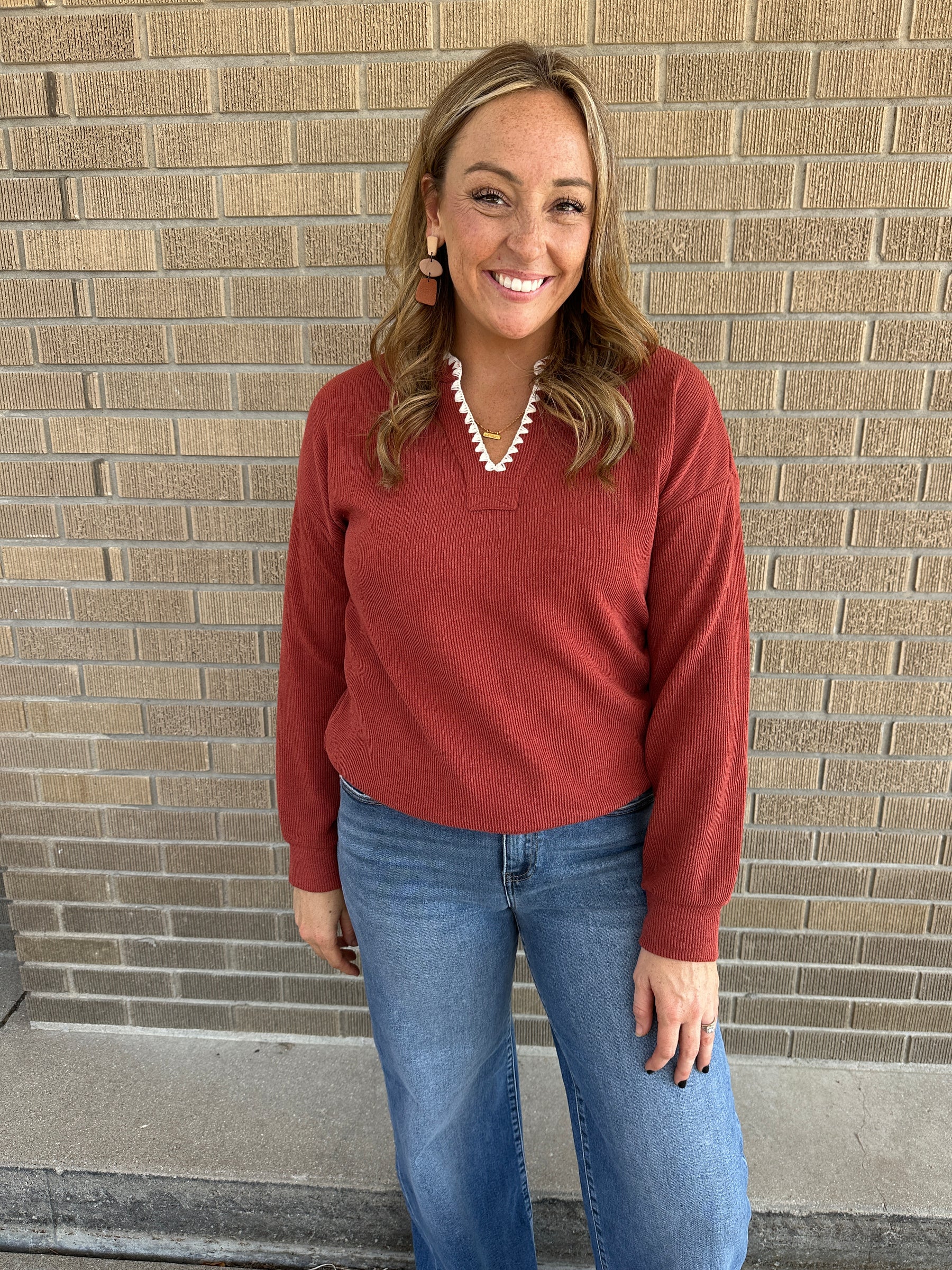 Rust Split Neck Stitched Top