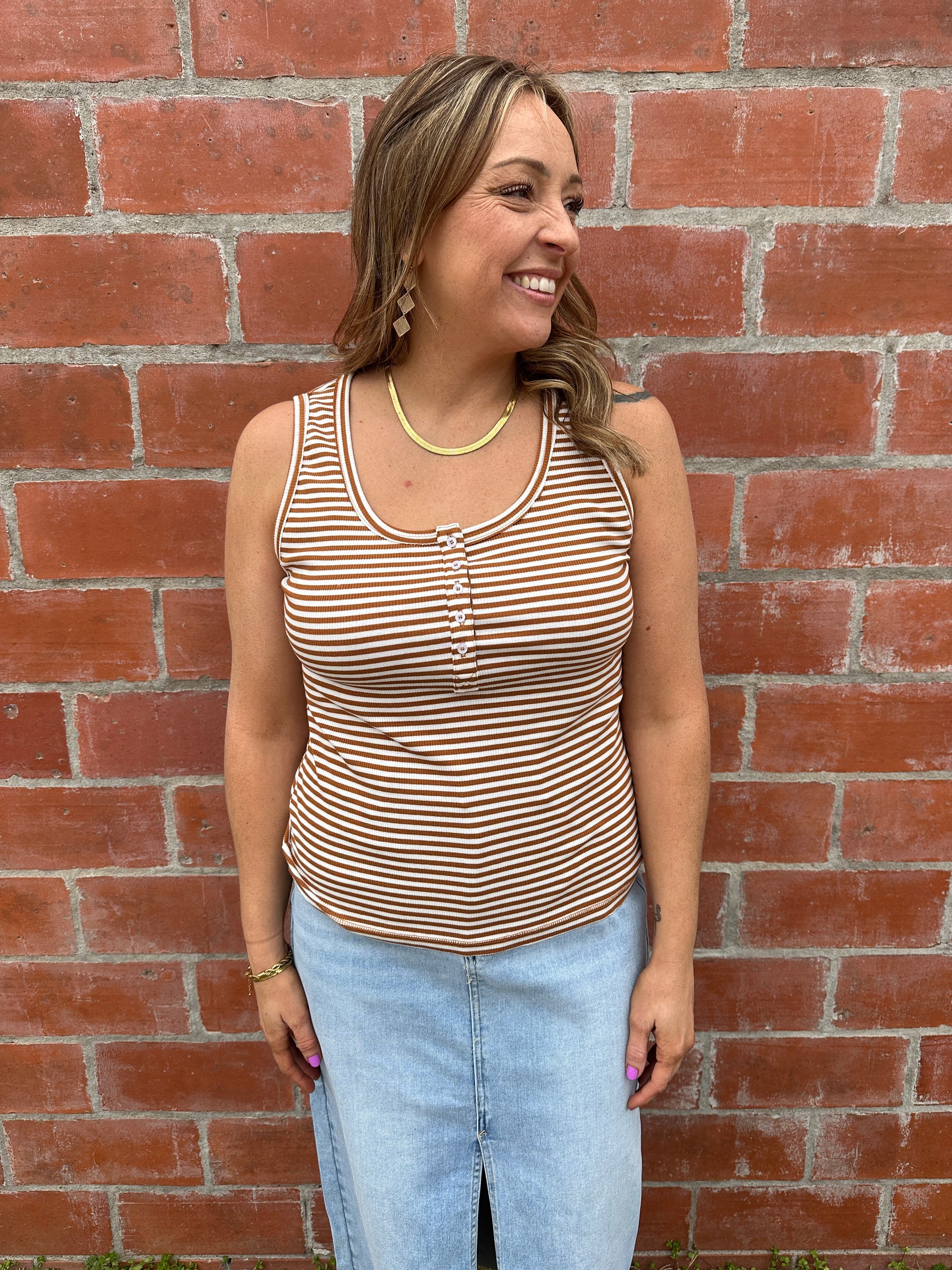 Camel and White Stripe Tank