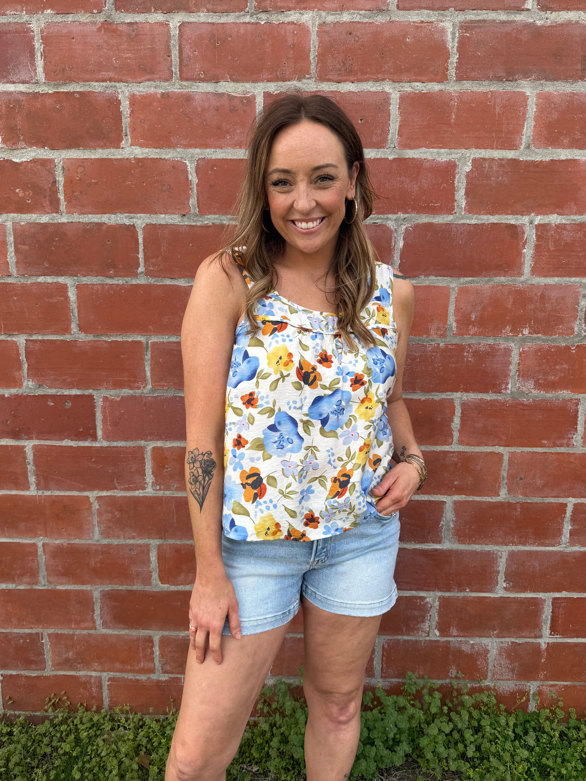 Blue Floral Square Neck Tank