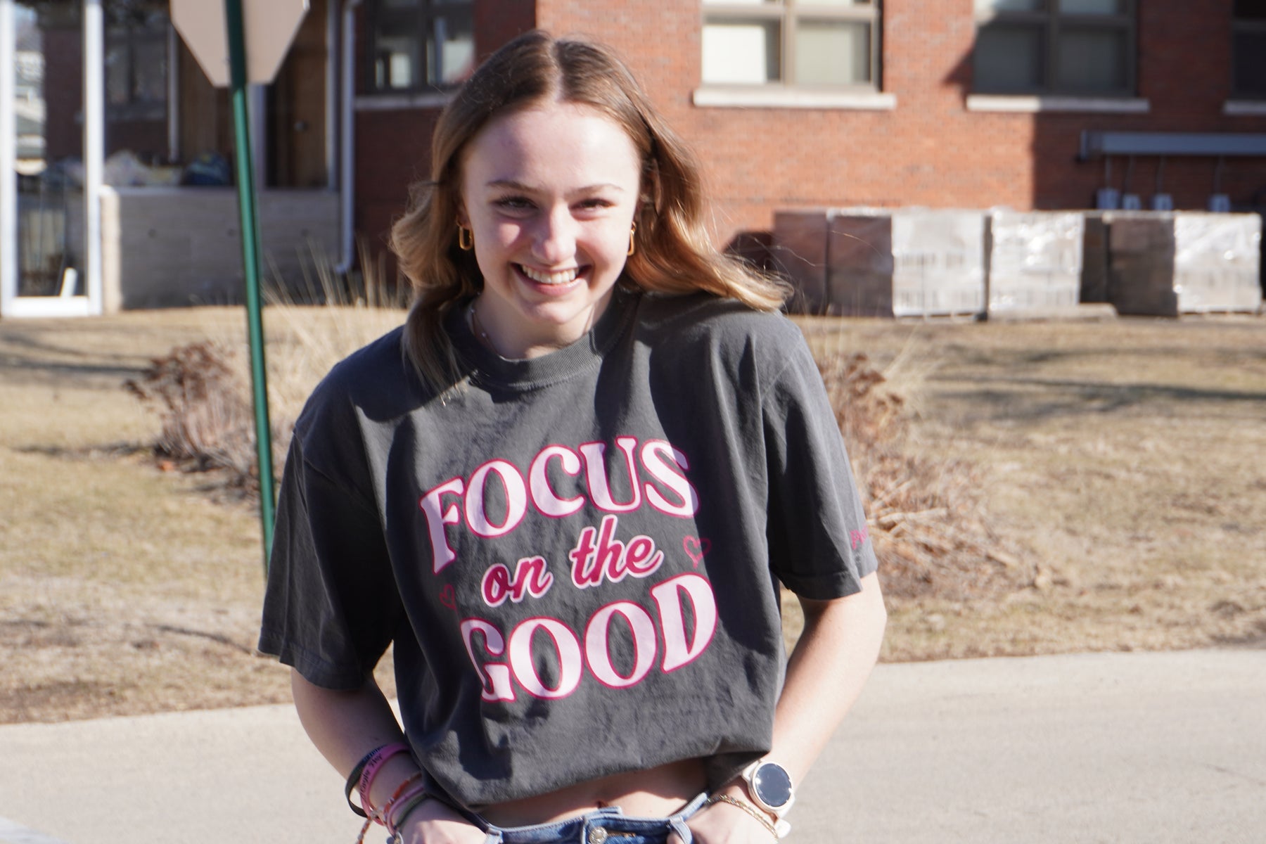 Focus On The Good Tee - Grey & Pink
