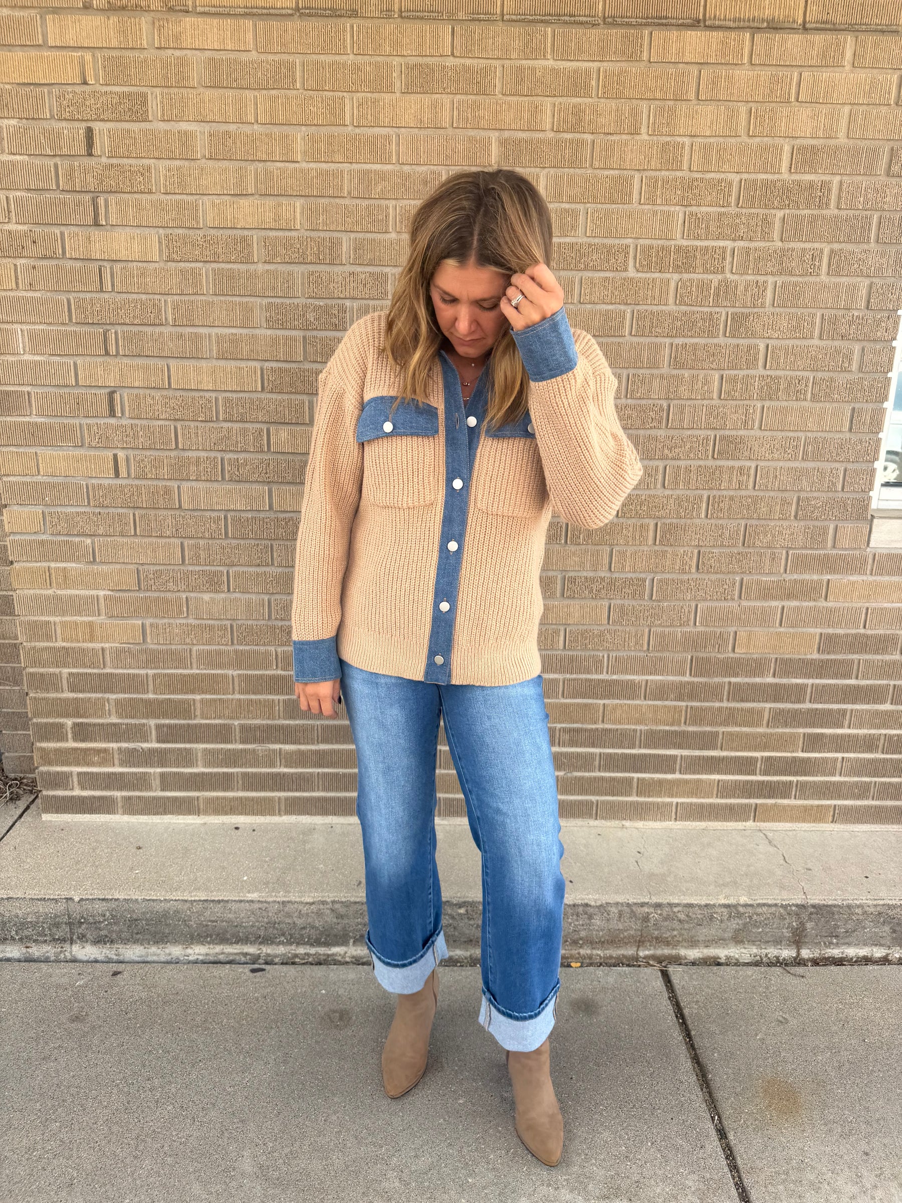 Taupe Cardigan with Denim Trim