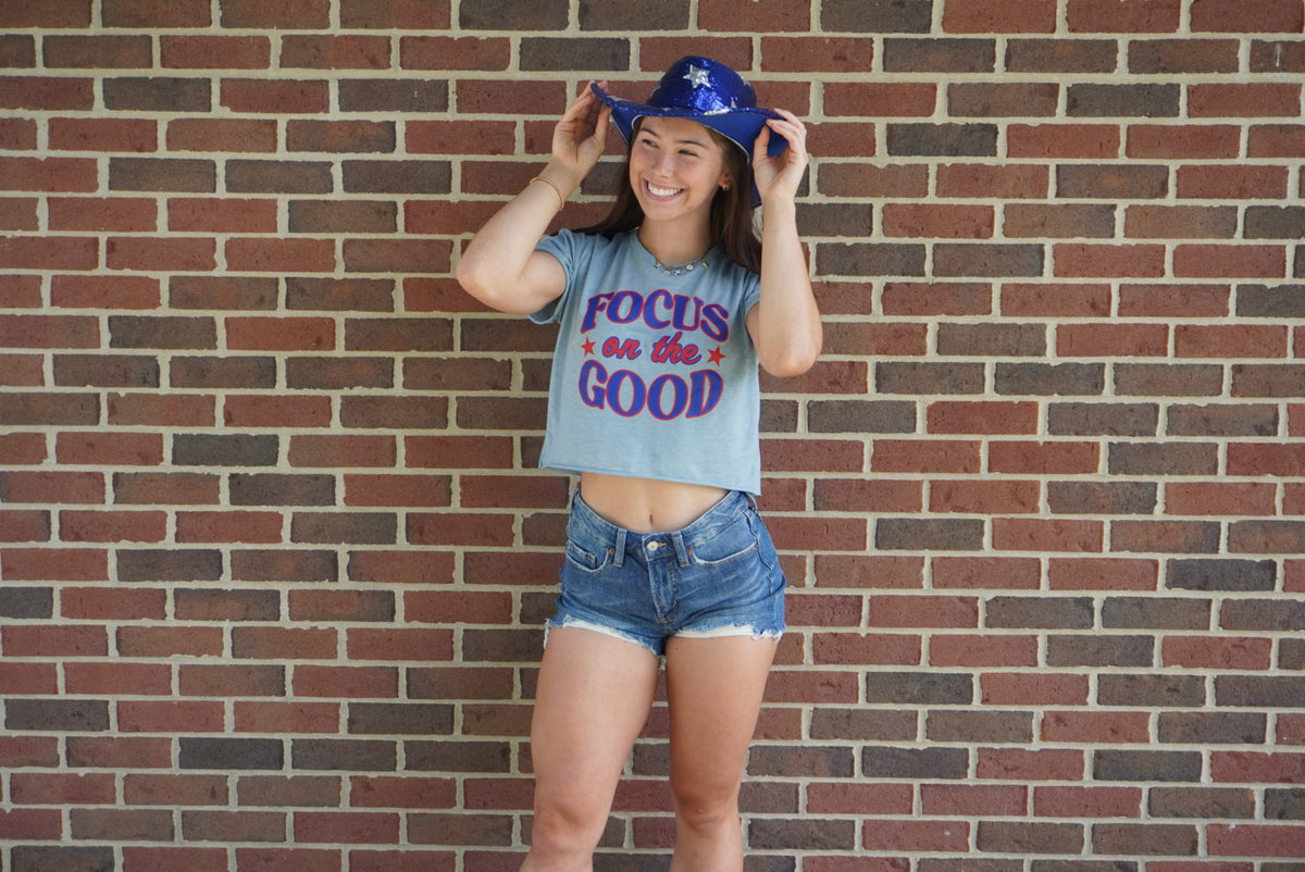 Focus On The Good Crop Tee - Blue & Red