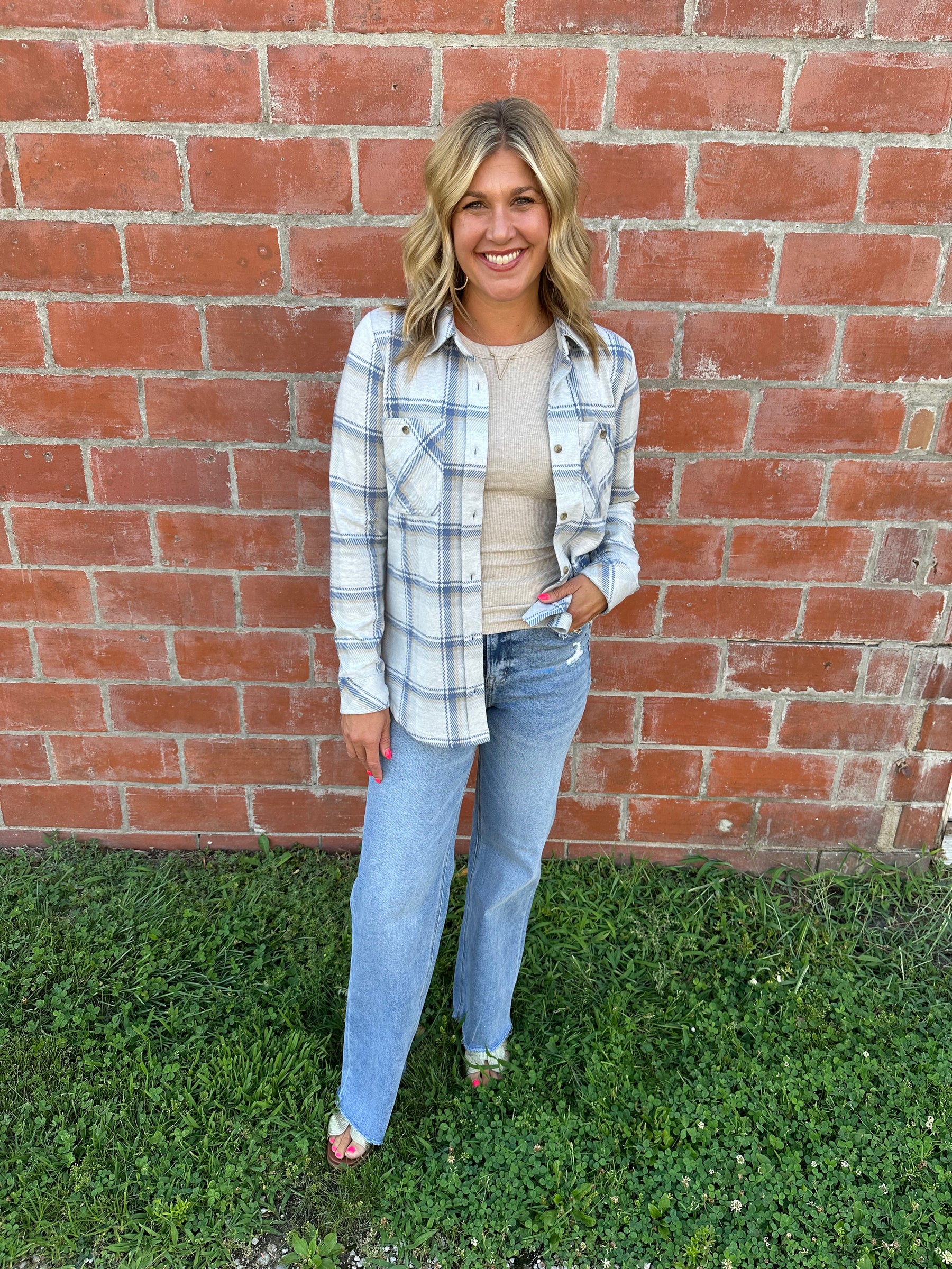 Lewis Top - Cream Blue Plaid