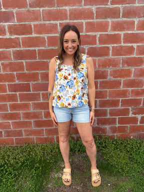 Blue Floral Square Neck Tank
