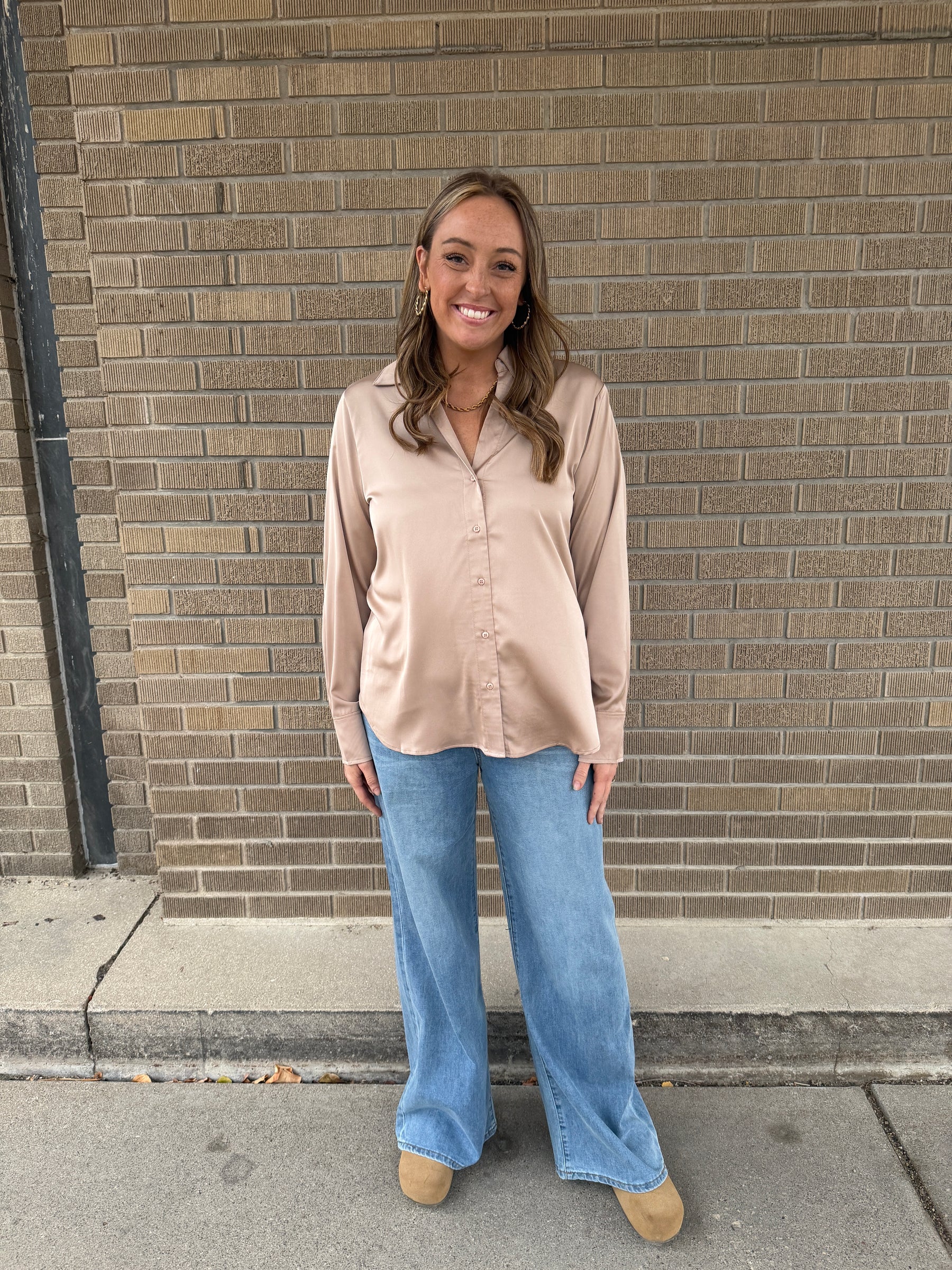 Sweet in Satin Button Up - Taupe