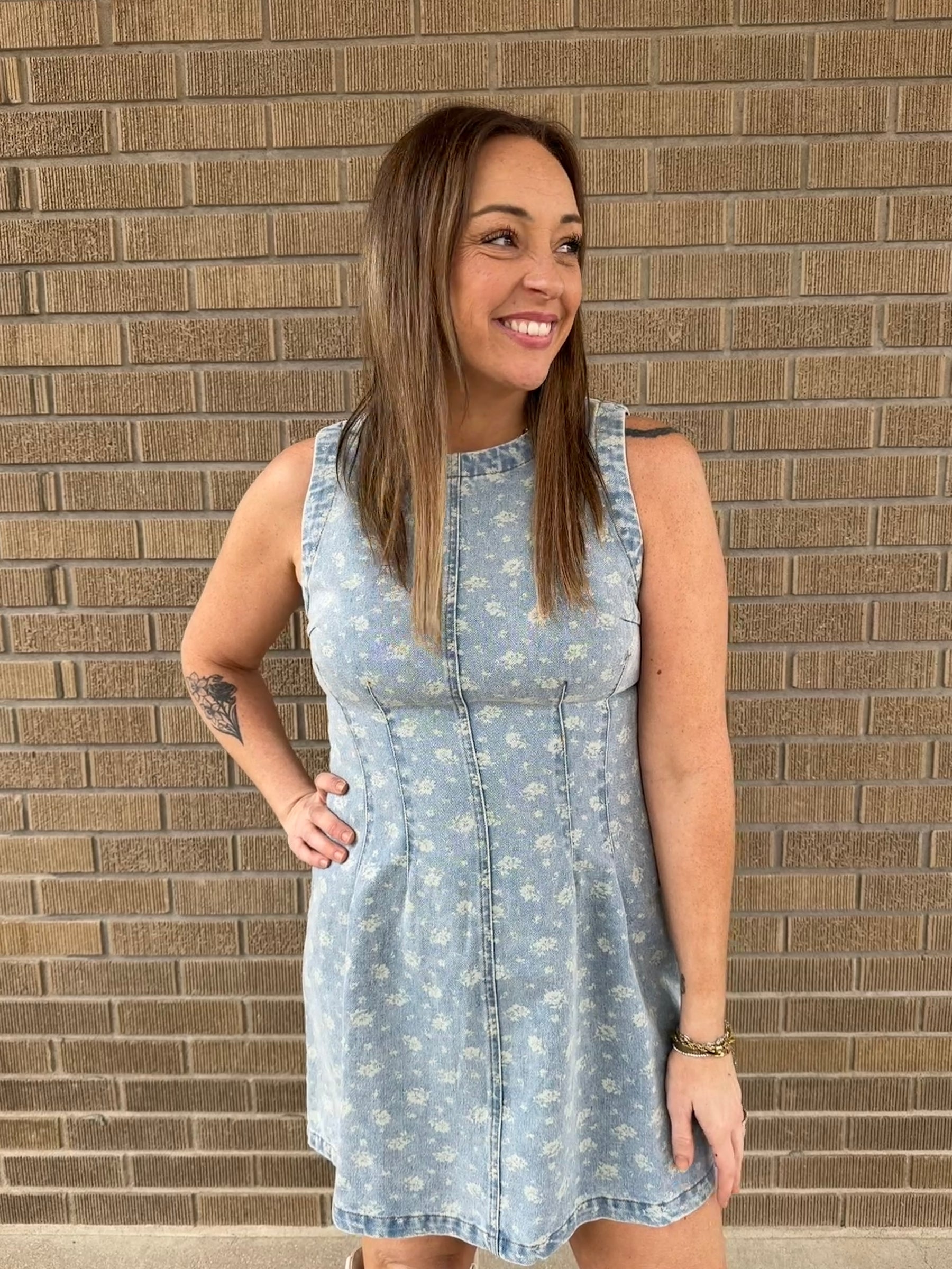 Sleeveless Floral Print Denim Dress