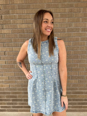 Sleeveless Floral Print Denim Dress