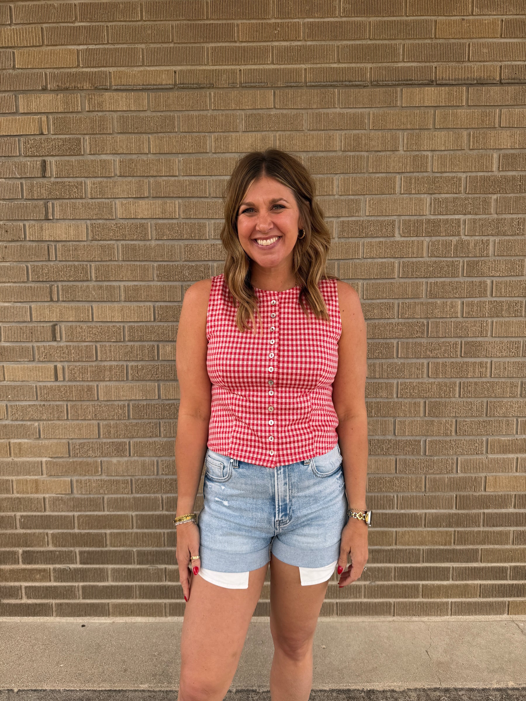 Red Gingham Button Up Tank