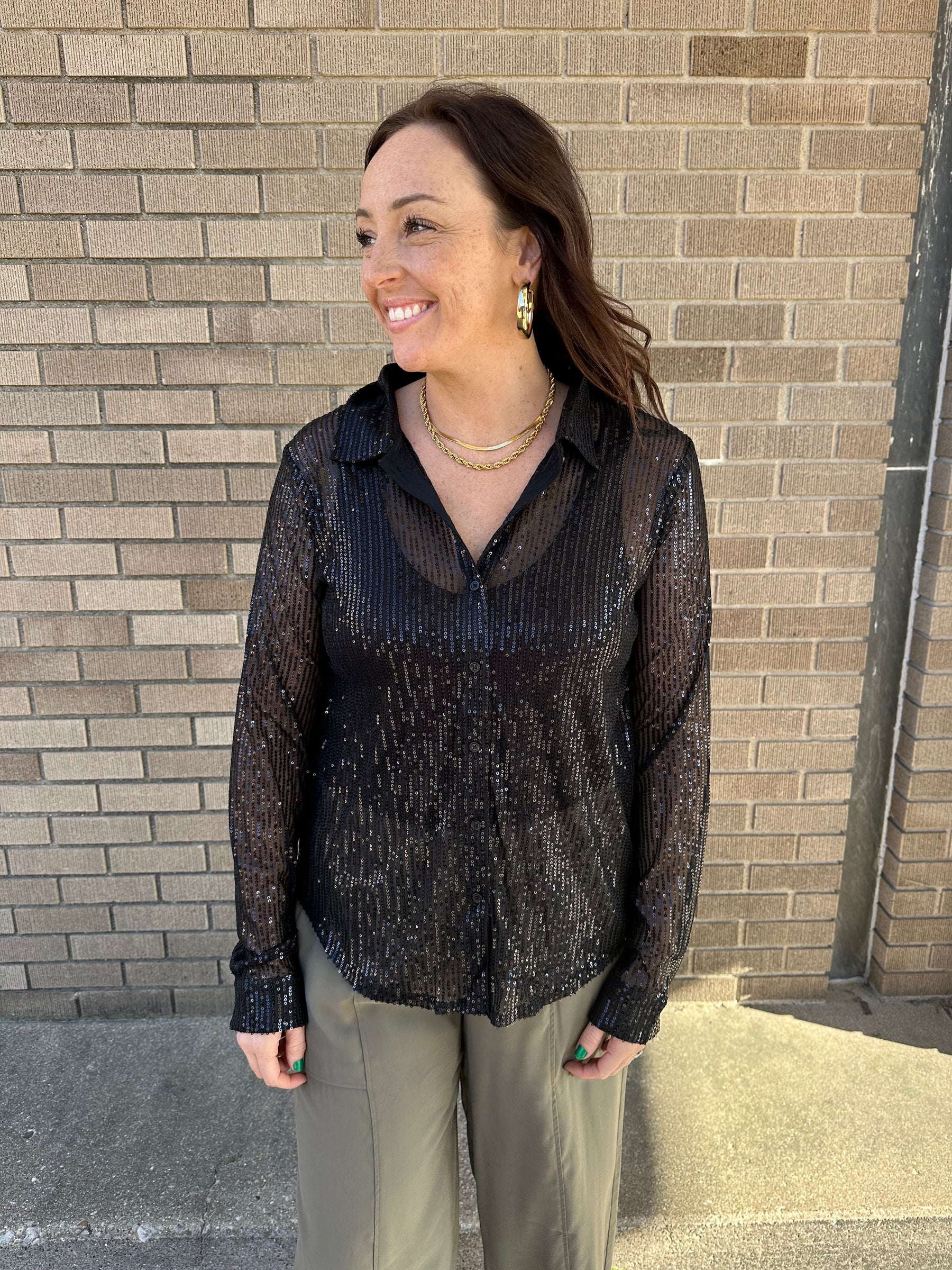 Sequin Button Down Blouse