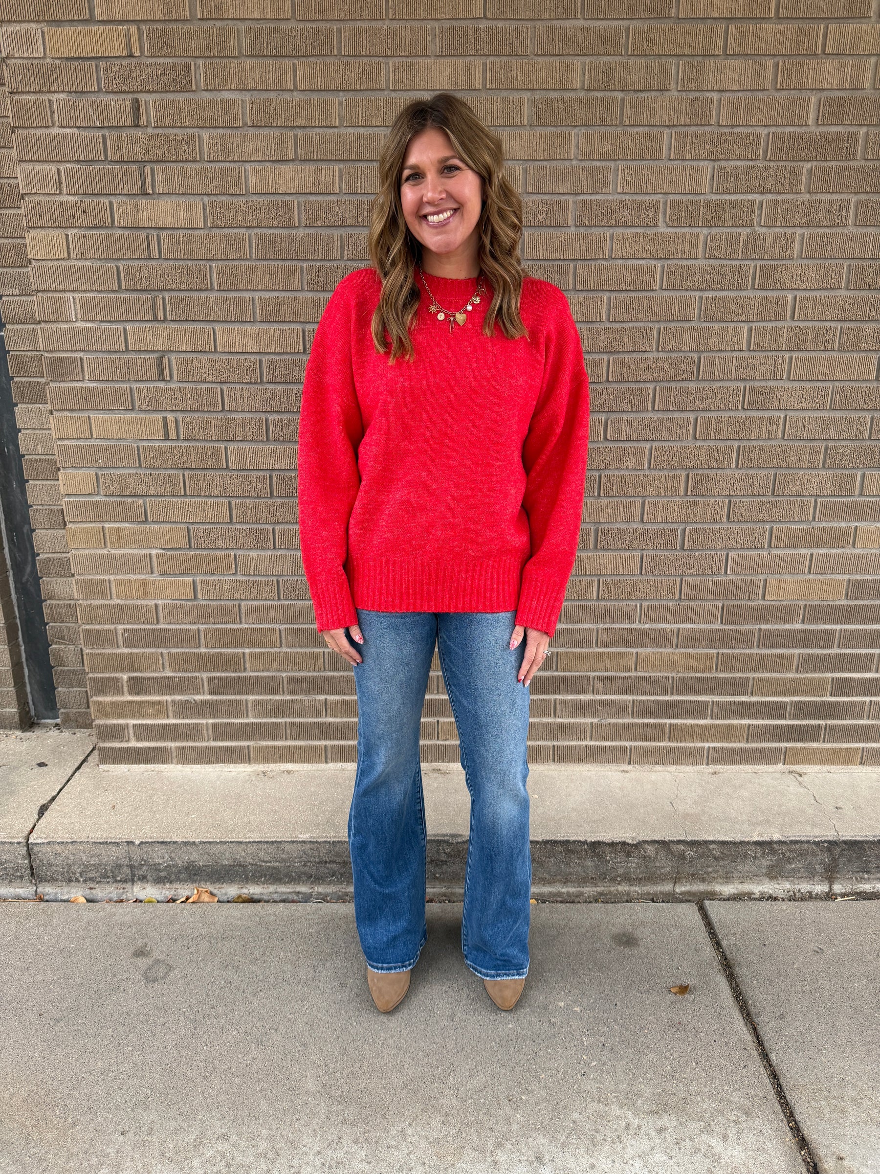 Oversized Crew Sweater - Red