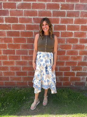 Boho Babe Blue Floral Midi Skirt