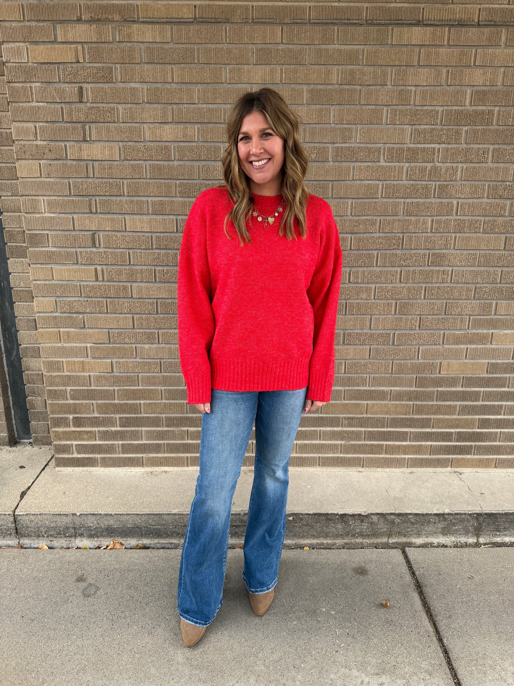 Oversized Crew Sweater - Red