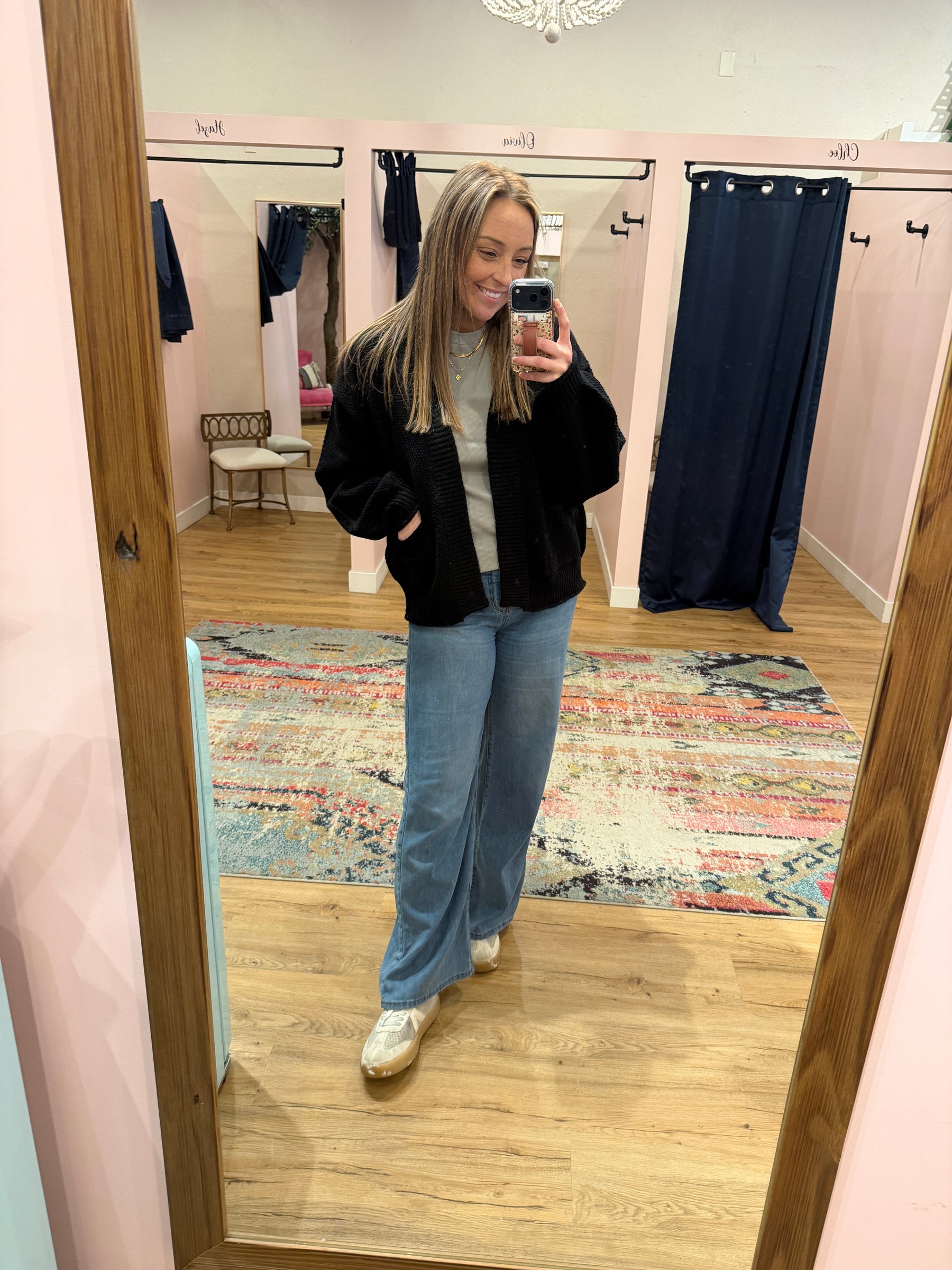 Waffle Knit Cardigan - Black