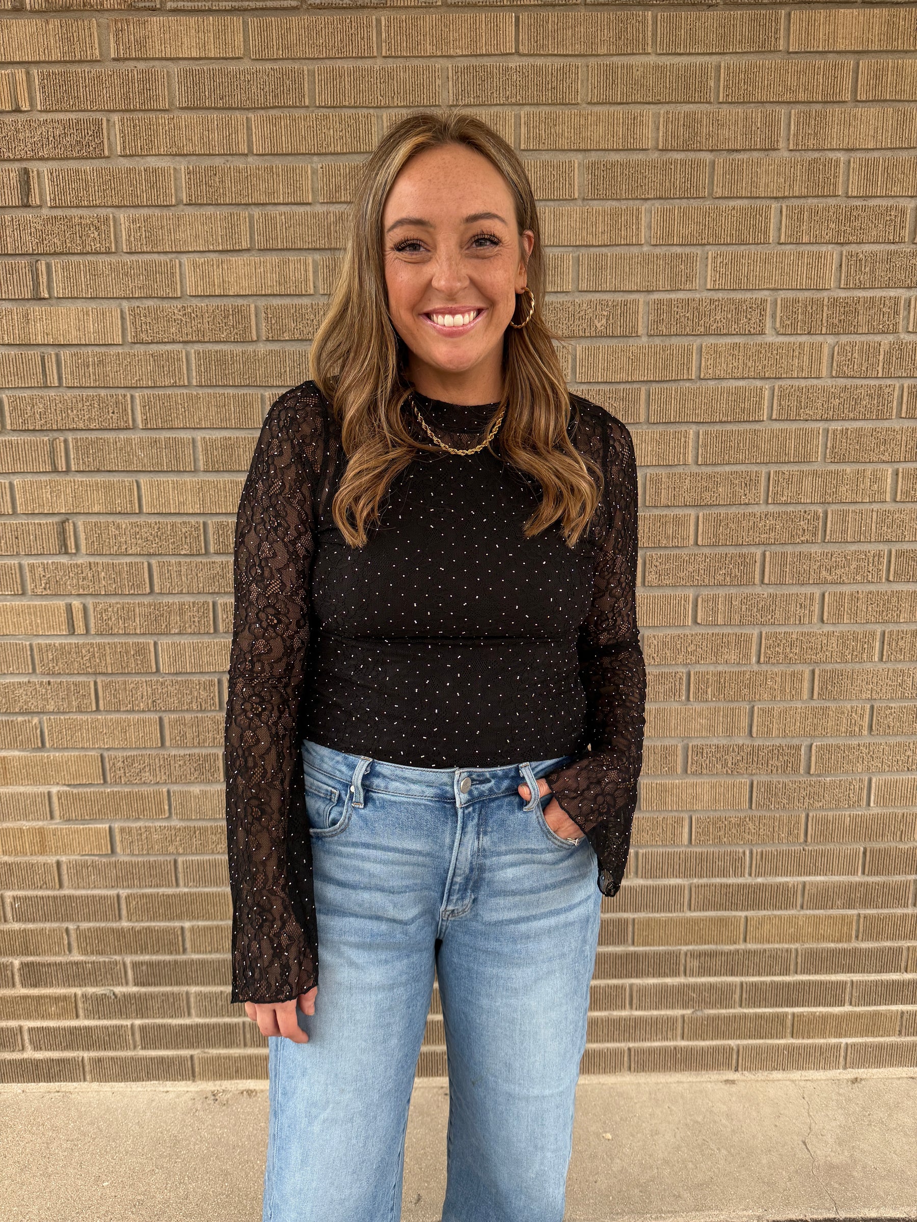 Black Rhinestone Lace Top