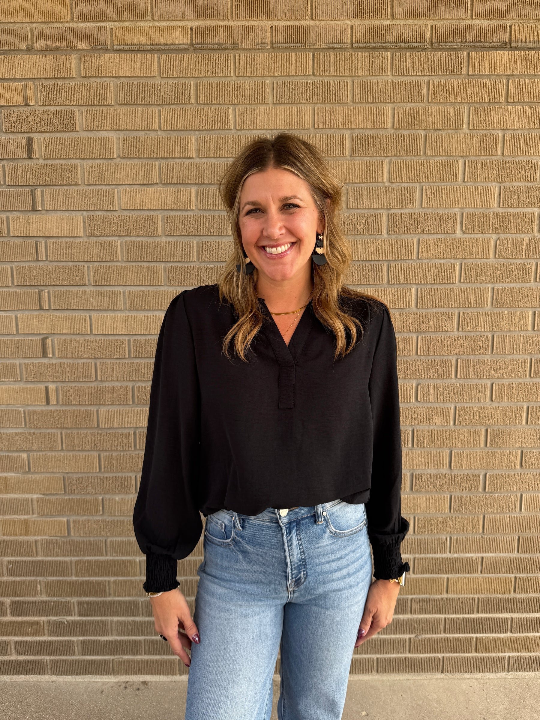 Split V-Neck Blouse - Black