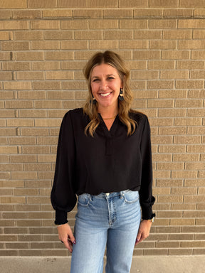 Split V-Neck Blouse - Black