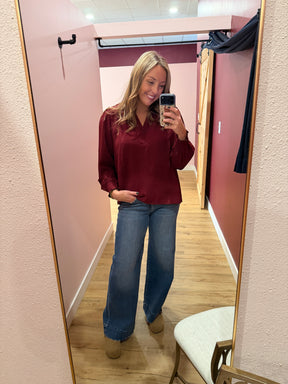 Split V-Neck Blouse - Burgundy