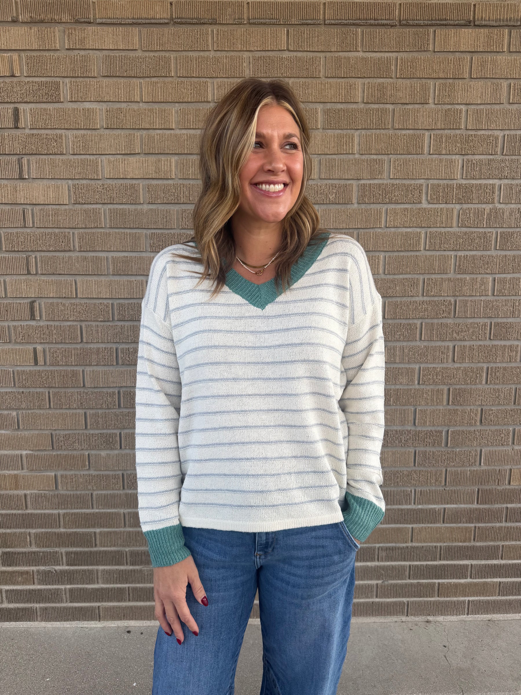 Sage V-Neck Stripe Sweater