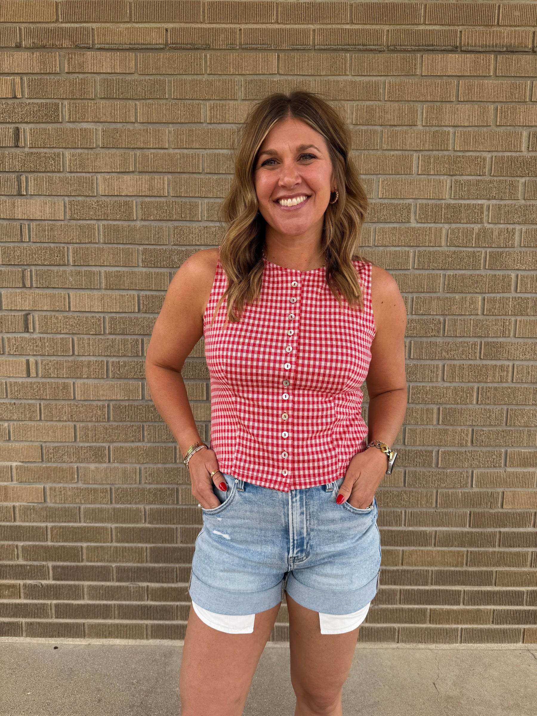 Red Gingham Button Up Tank