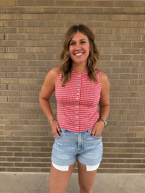 Red Gingham Button Up Tank