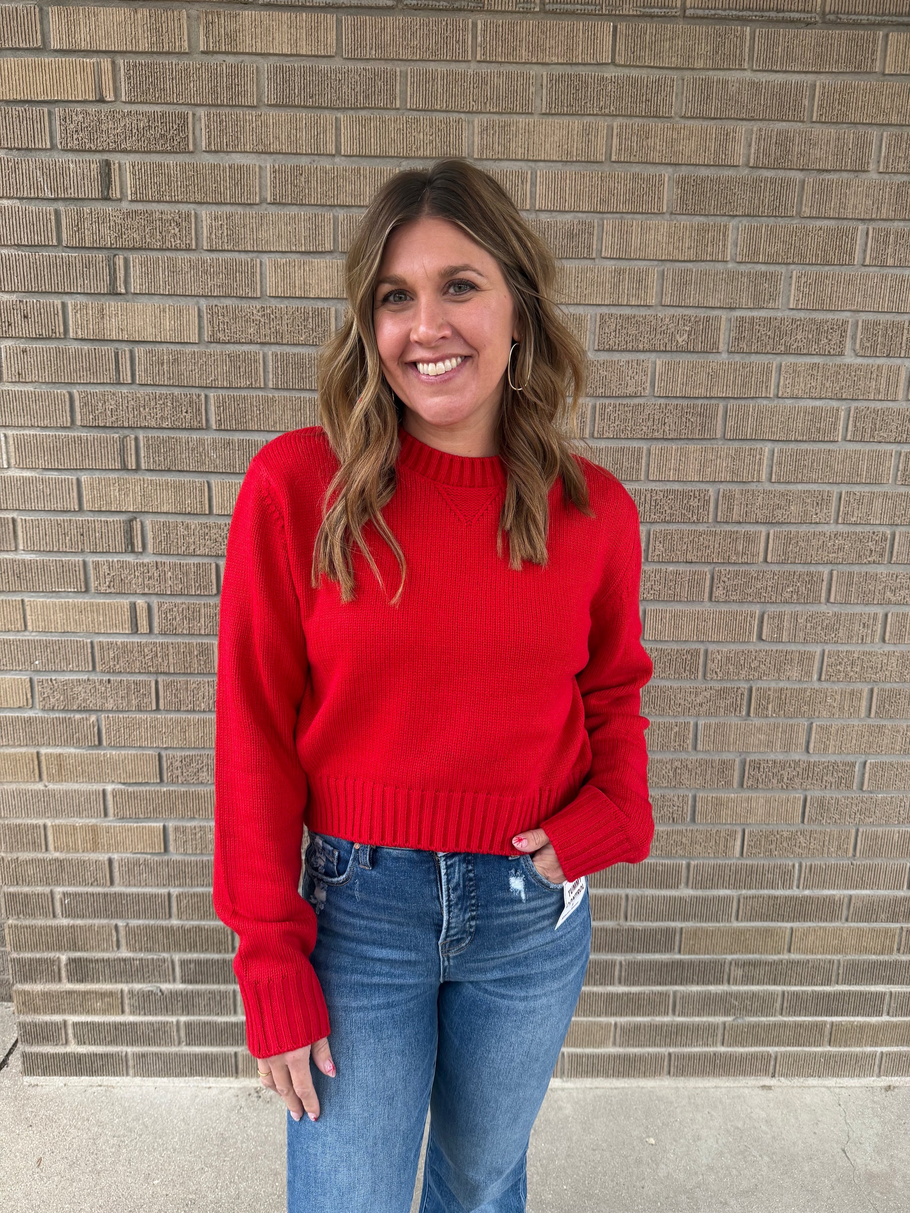 Classic Knit Crop Sweater - Red