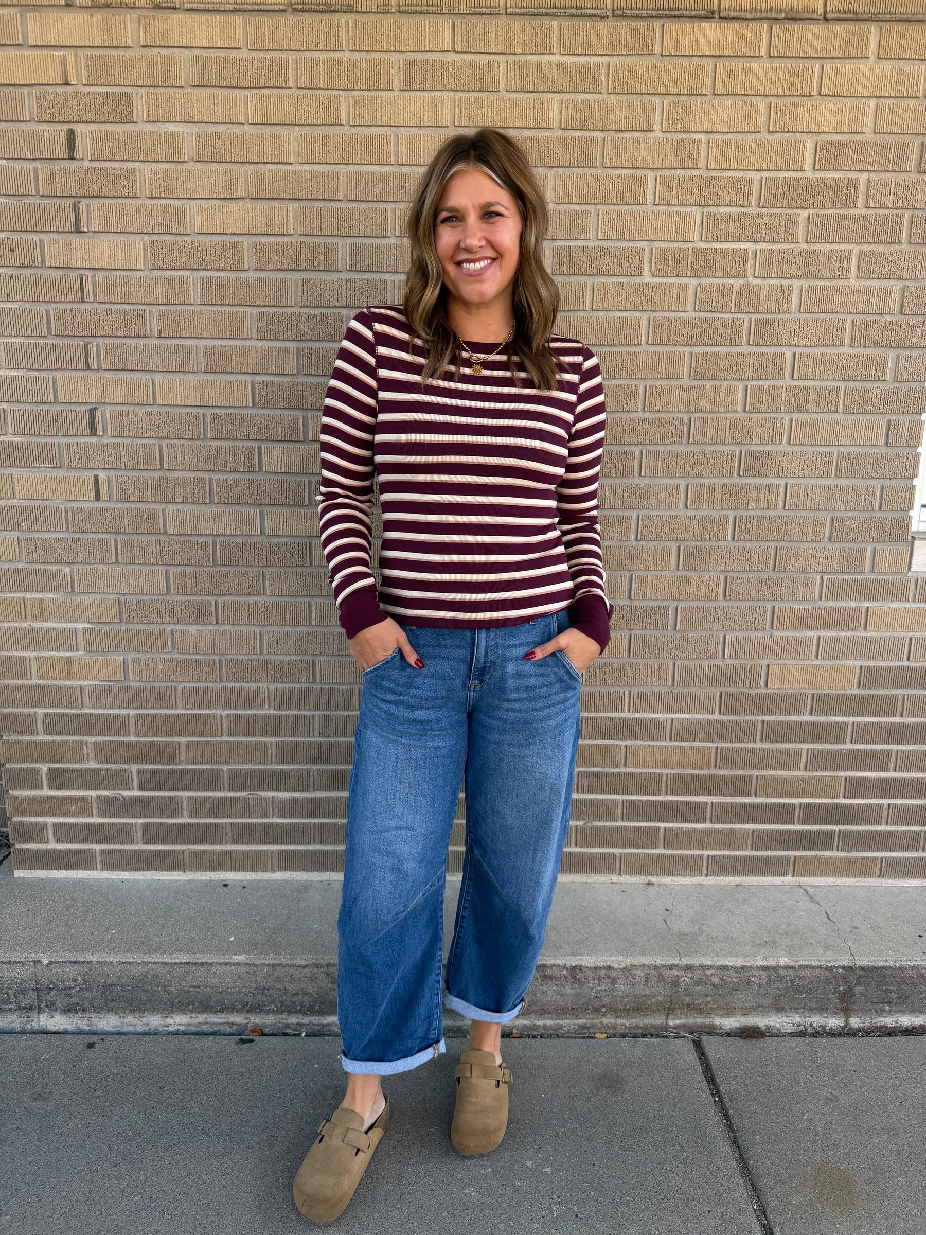 Stacy Long Sleeve - Maroon Stripe